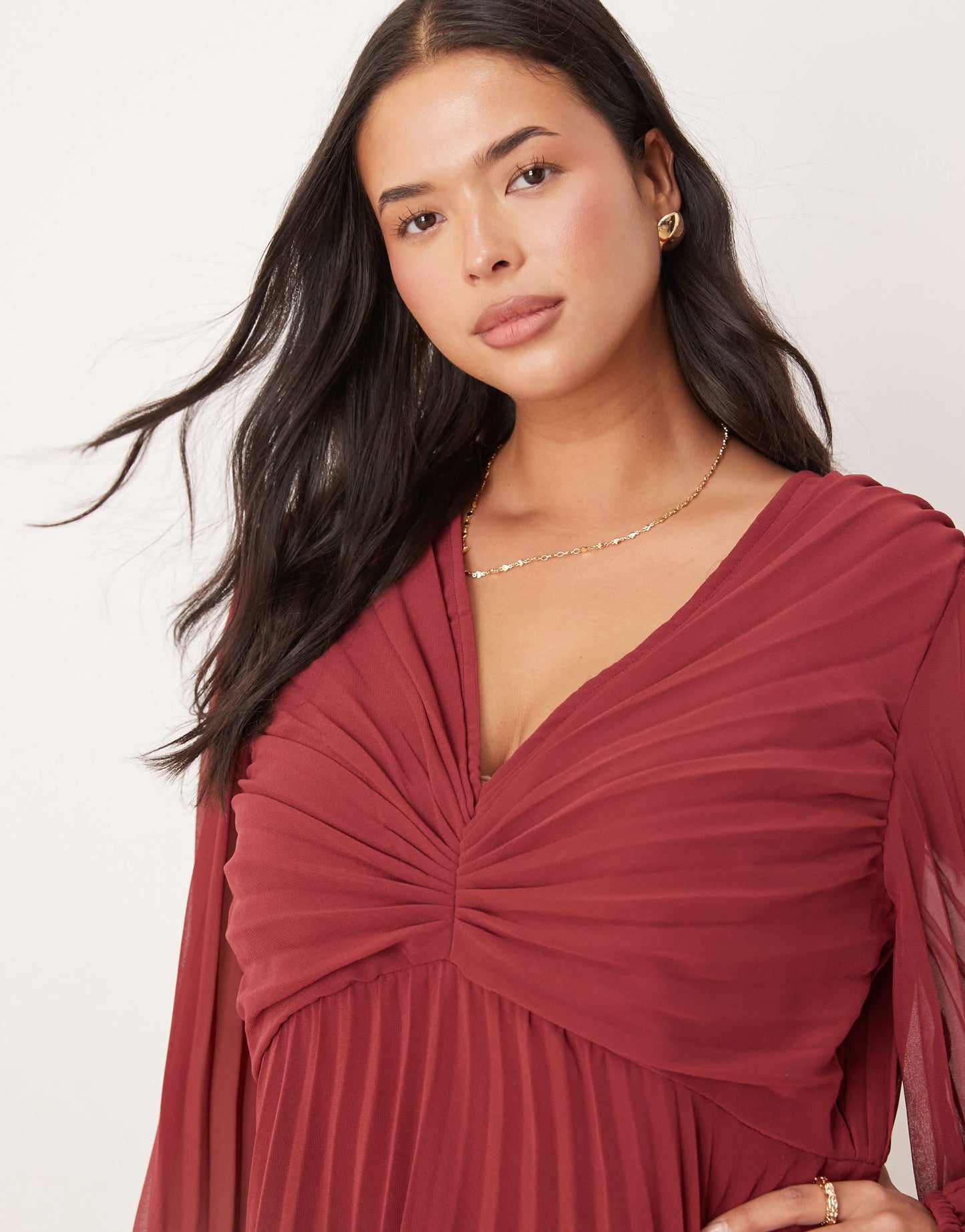 ASOS DESIGN Curve pleated bodice plunge neck midi dress in burgundy