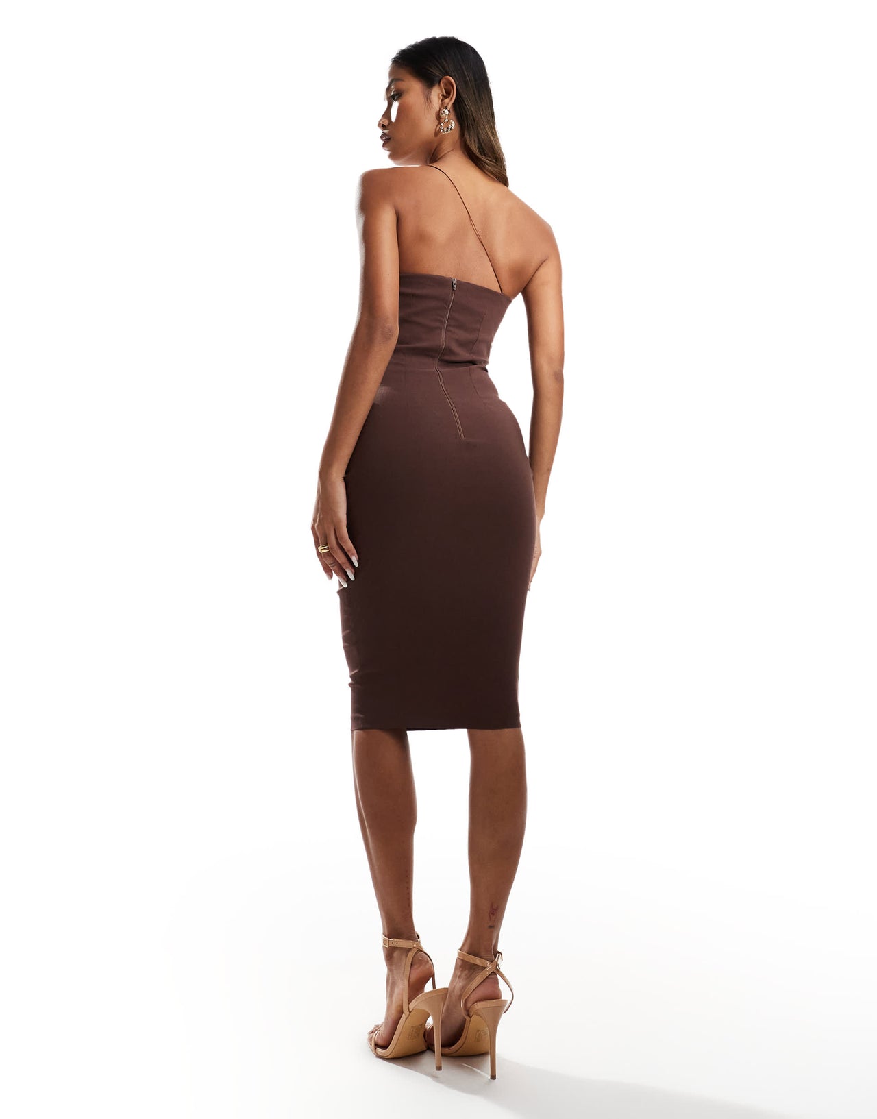 Vesper bengaline exclusive asymmetric one shoulder midi dress in chocolate