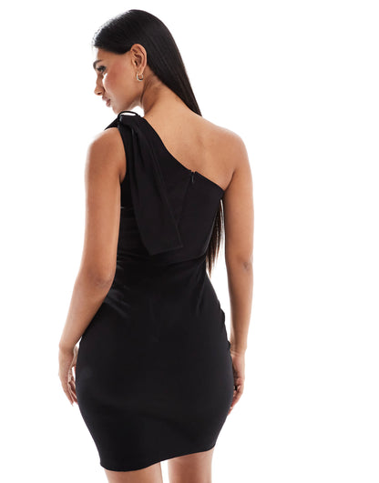 Vesper bengaline one shoulder scarf detail bodycon mini dress in black