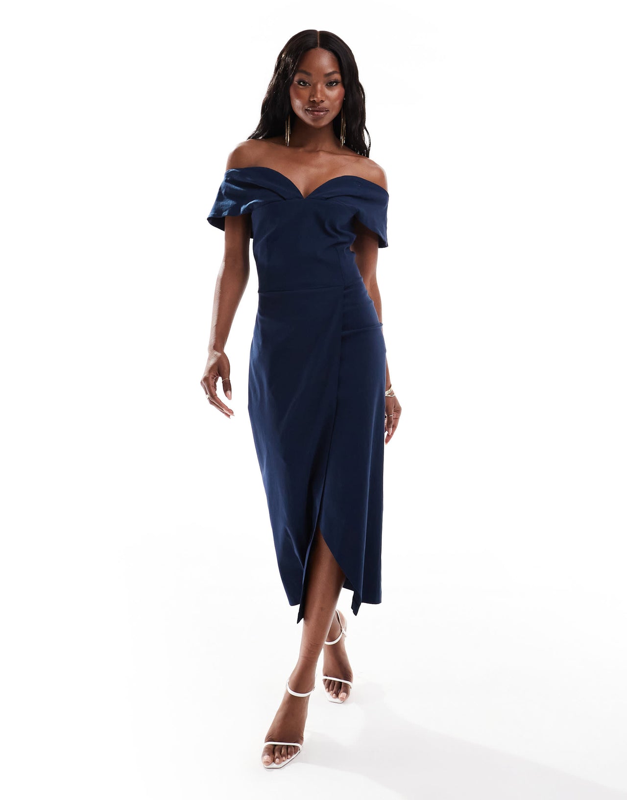 Vesper bengaline bardot sweetheart neck wrap midaxi dress in navy