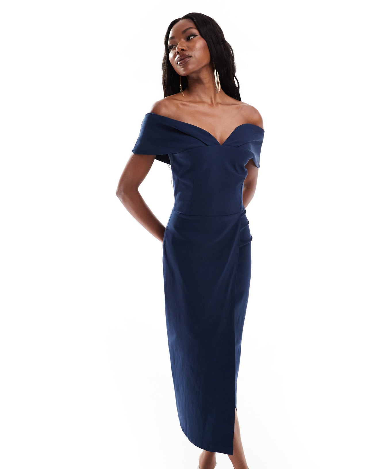 Vesper bengaline bardot sweetheart neck wrap midaxi dress in navy