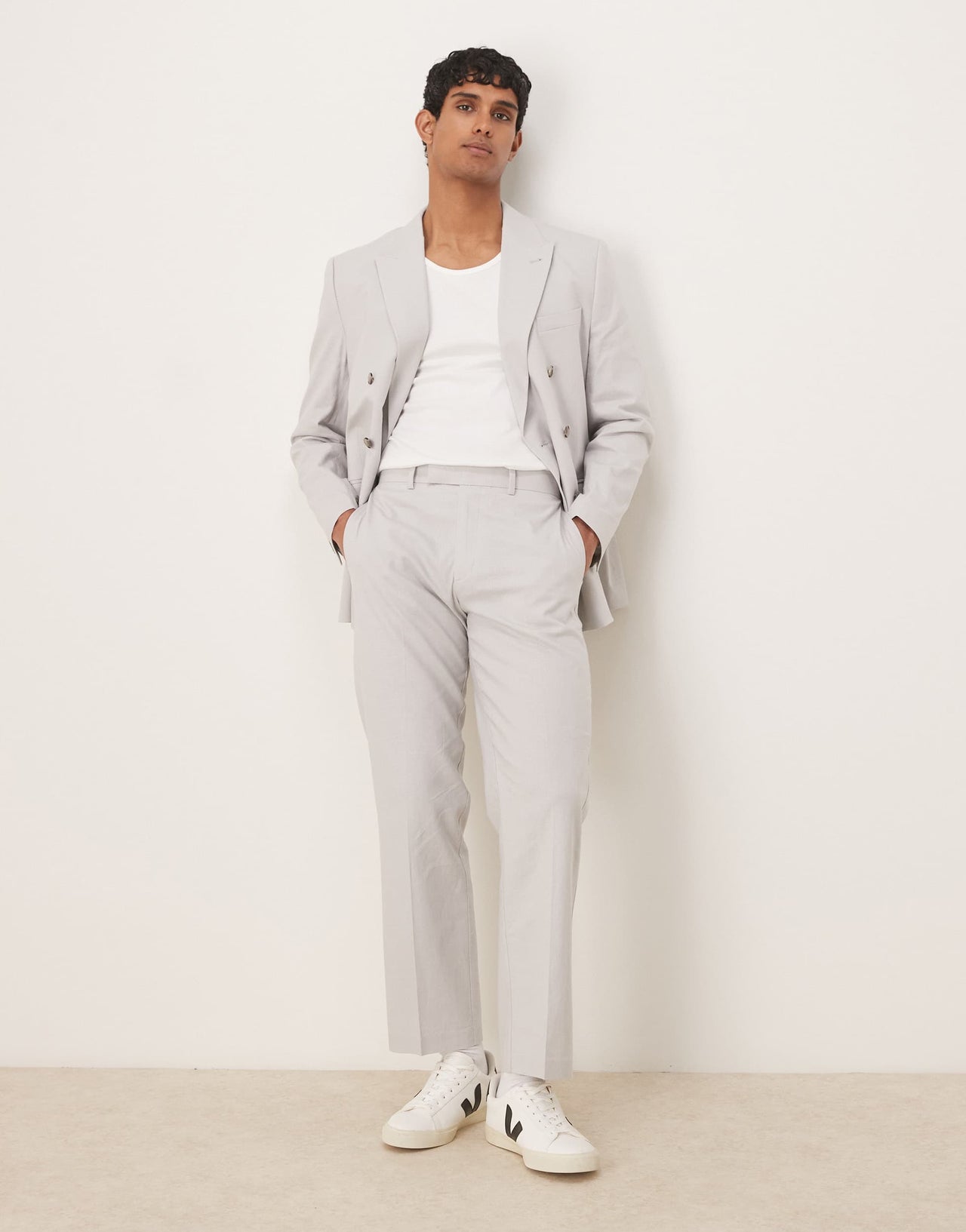 ASOS DESIGN linen blend straight leg suit trousers in pebble