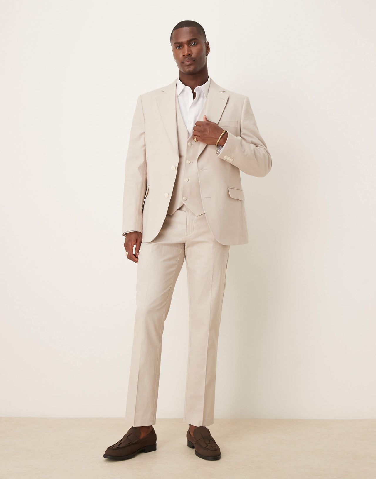 ASOS DESIGN linen blend slim suit waistcoat in stone