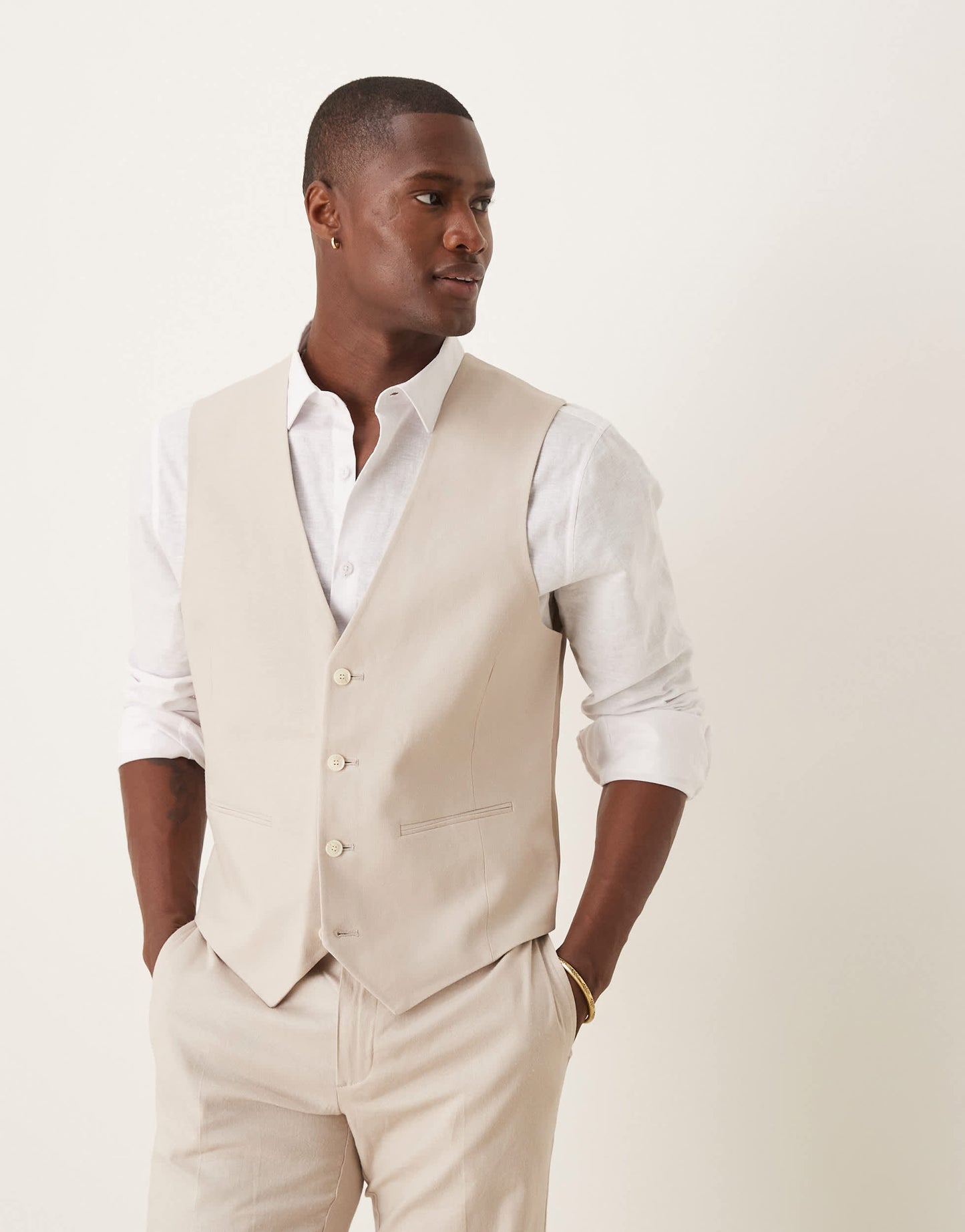 ASOS DESIGN linen blend slim suit waistcoat in stone