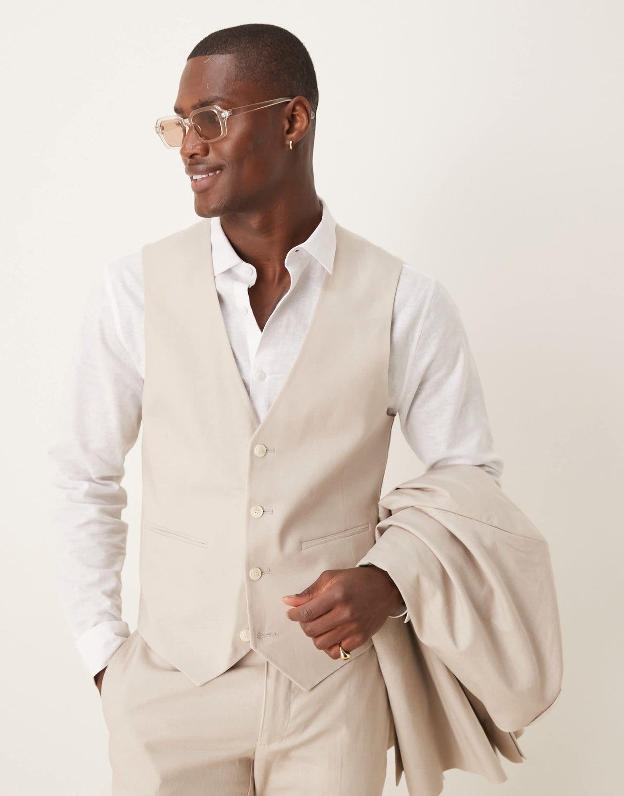 ASOS DESIGN linen blend skinny suit waistcoat in stone