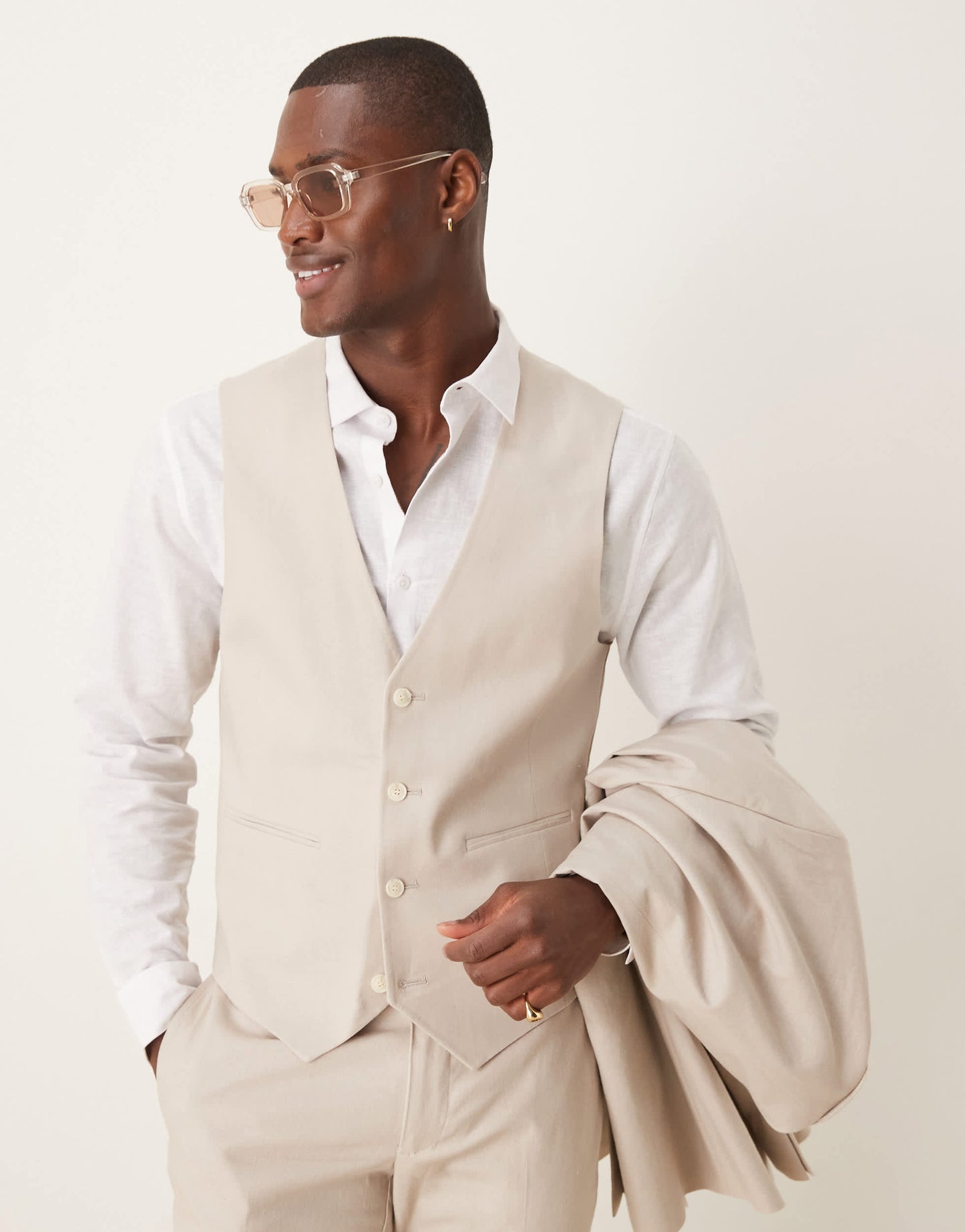 ASOS DESIGN linen blend skinny suit waistcoat in stone