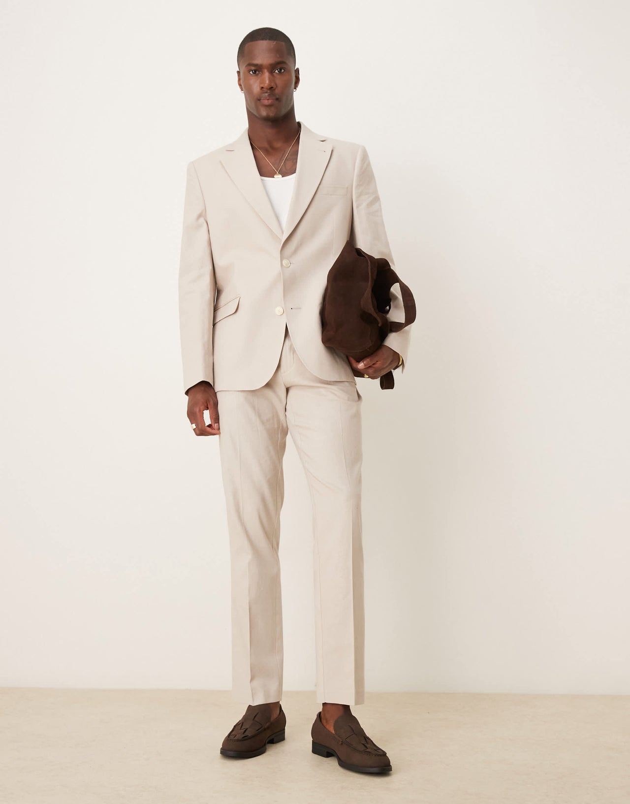 ASOS DESIGN linen blend slim suit trousers in stone