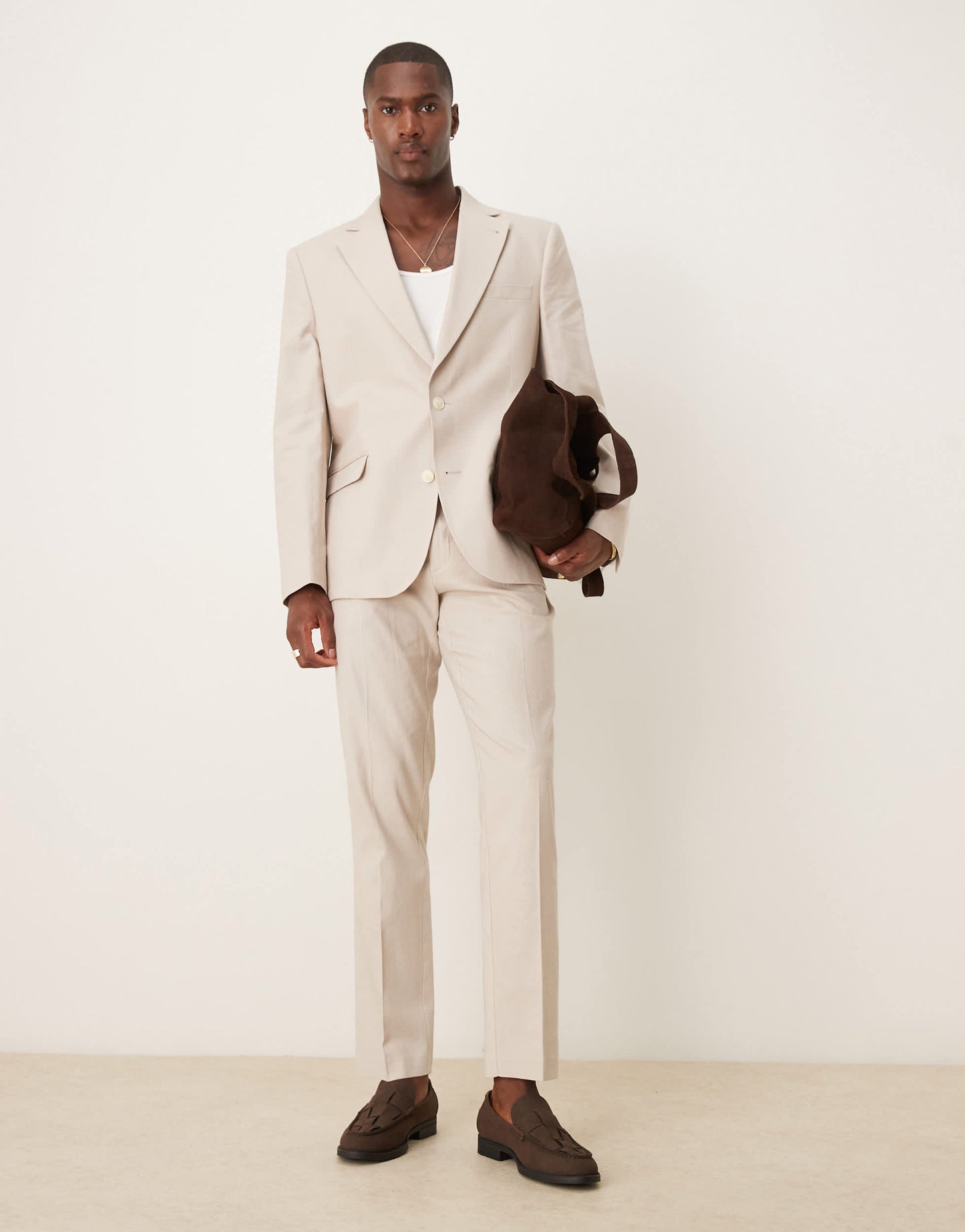 ASOS DESIGN linen blend slim suit trousers in stone