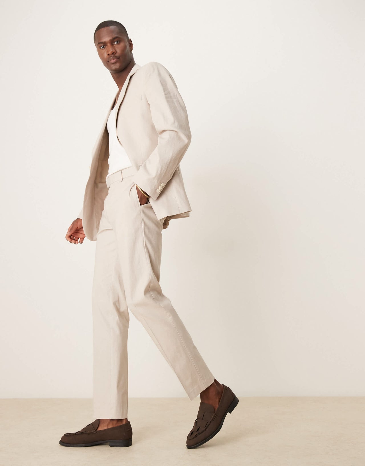 ASOS DESIGN linen blend slim suit trousers in stone