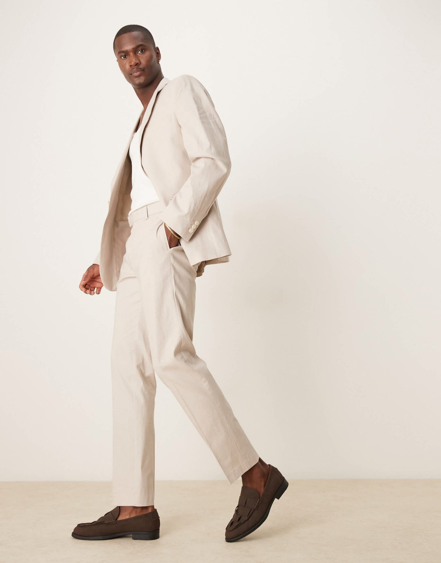 ASOS DESIGN linen blend slim suit trousers in stone