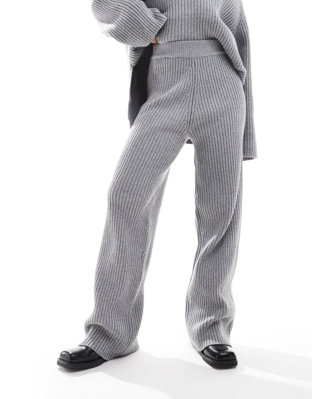 Pimkie ribbed knit wide leg trouser co-ord in light grey