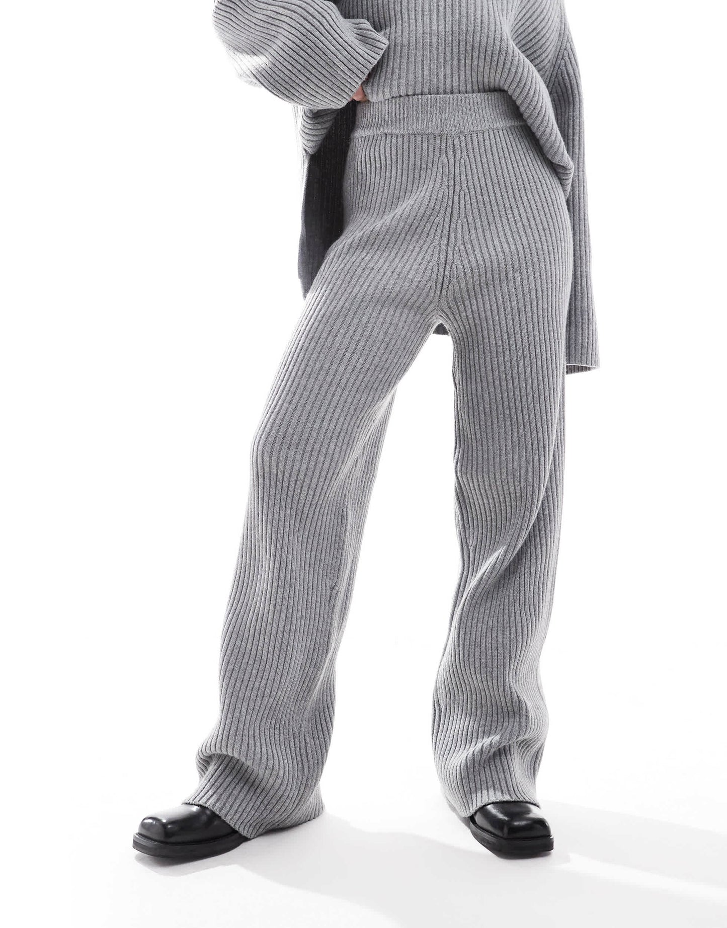 Pimkie ribbed knit wide leg trouser co-ord in light grey