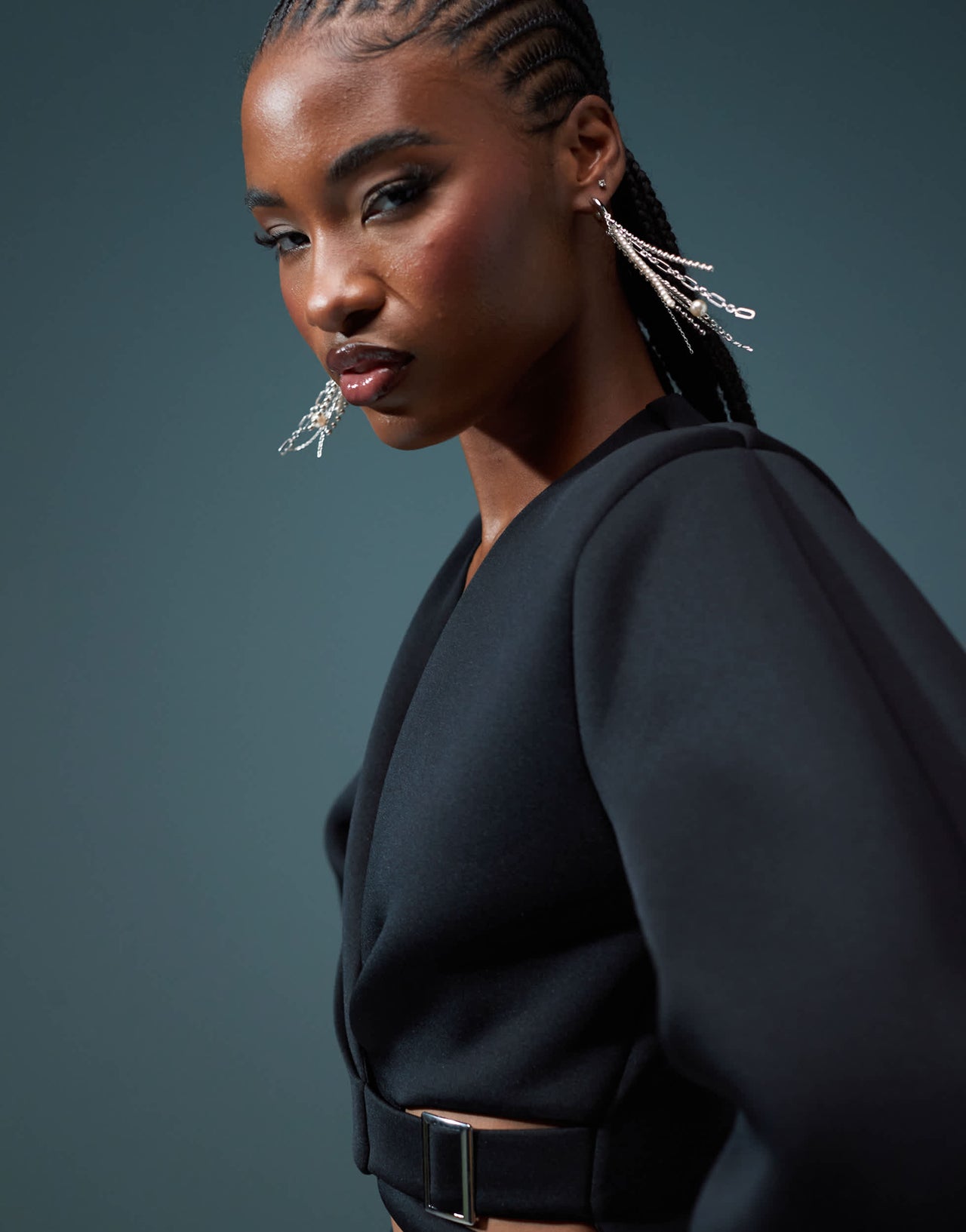 ASOS DESIGN  over under belted detail micro mini dress with oversized sleeve in black in scuba-style fabric