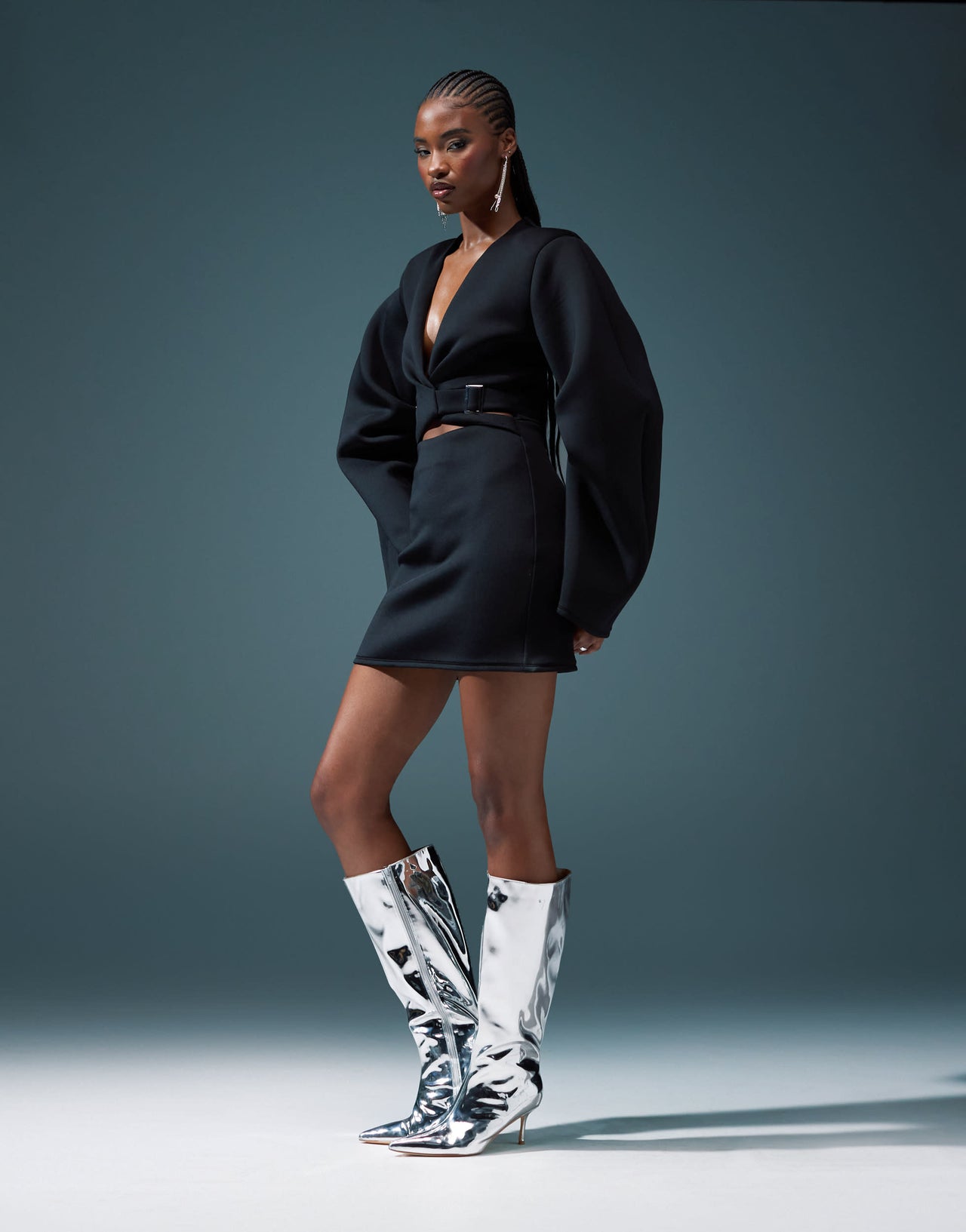 ASOS DESIGN  over under belted detail micro mini dress with oversized sleeve in black in scuba-style fabric