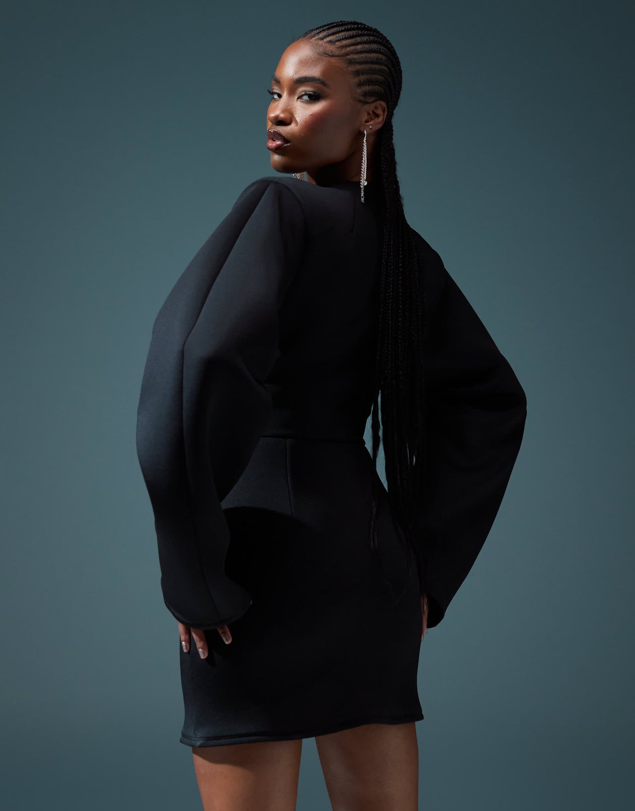 ASOS DESIGN  over under belted detail micro mini dress with oversized sleeve in black in scuba-style fabric