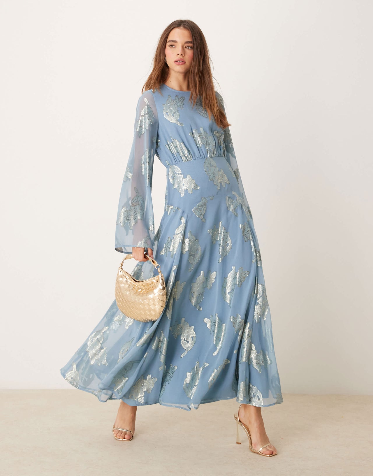 ASOS DESIGN metallic long sleeve midi dress with frill cuffs in blue