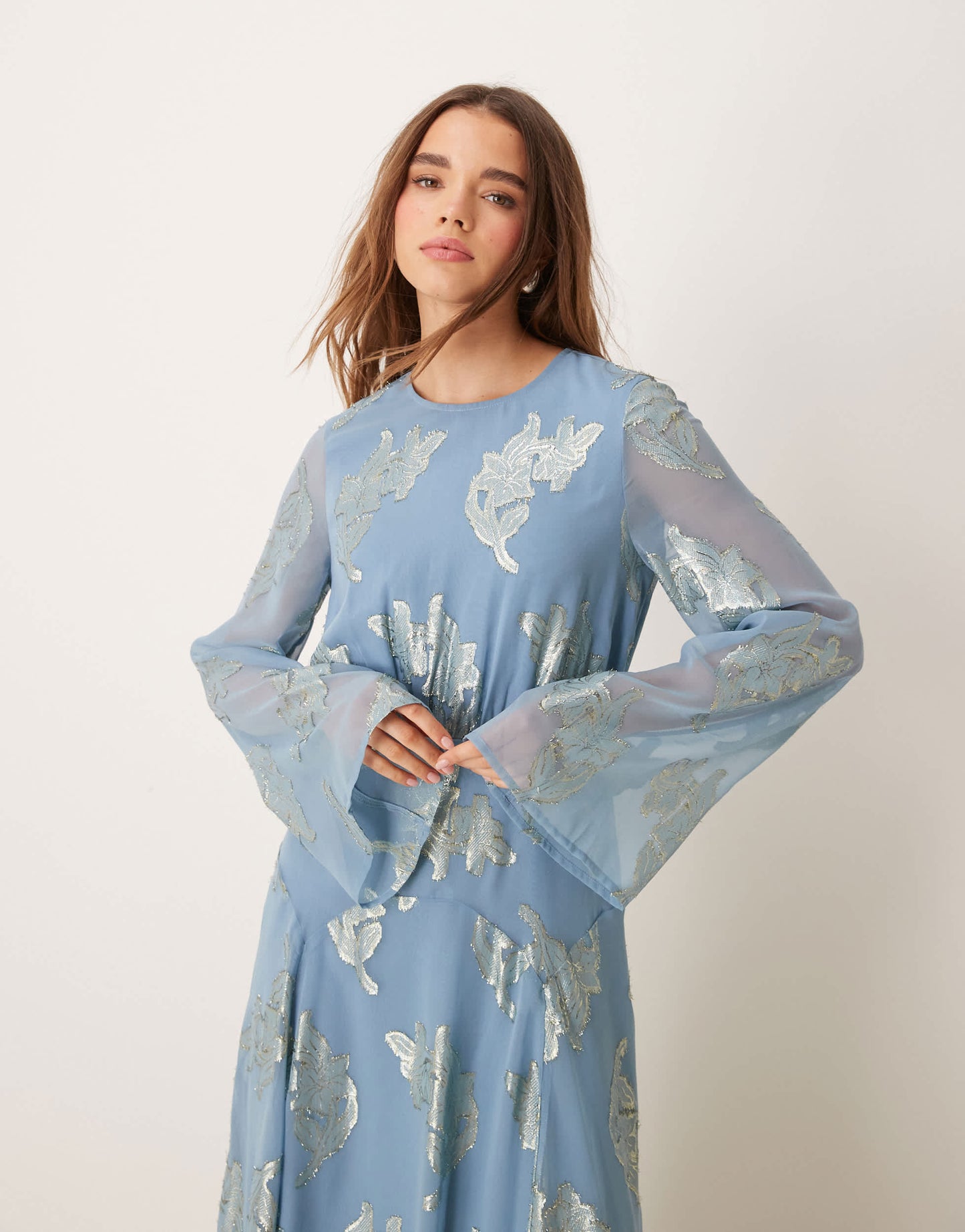 ASOS DESIGN metallic long sleeve midi dress with frill cuffs in blue