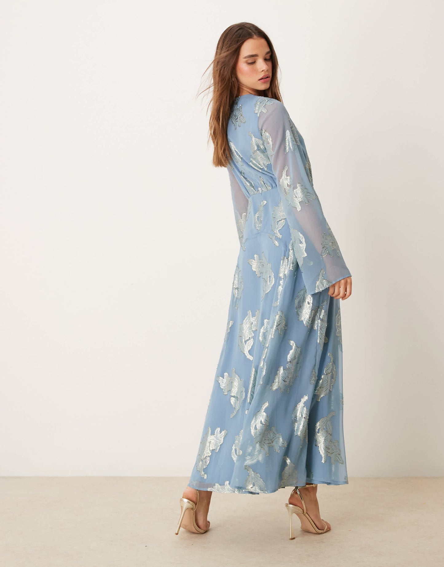 ASOS DESIGN metallic long sleeve midi dress with frill cuffs in blue