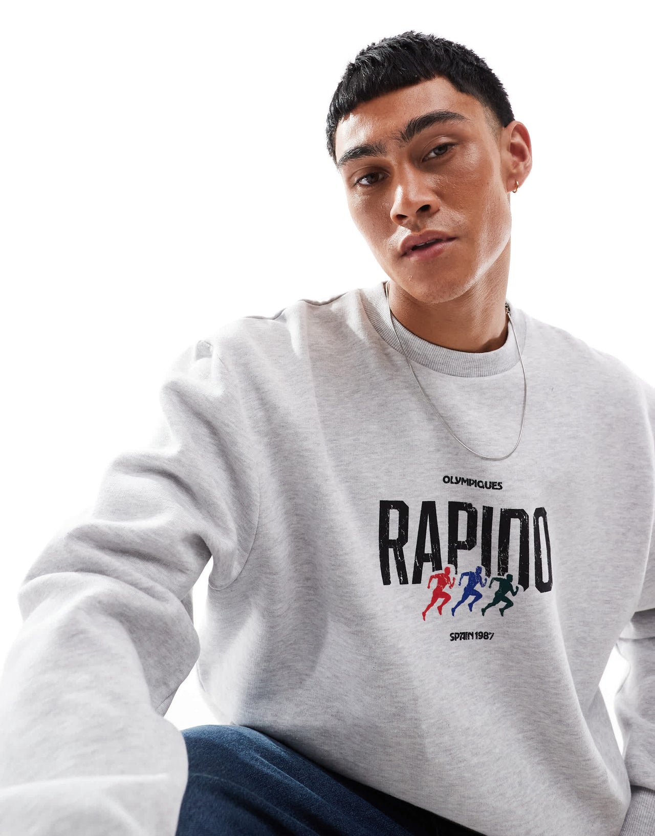 ASOS DESIGN boxy sweatshirt with athletic print in grey marl