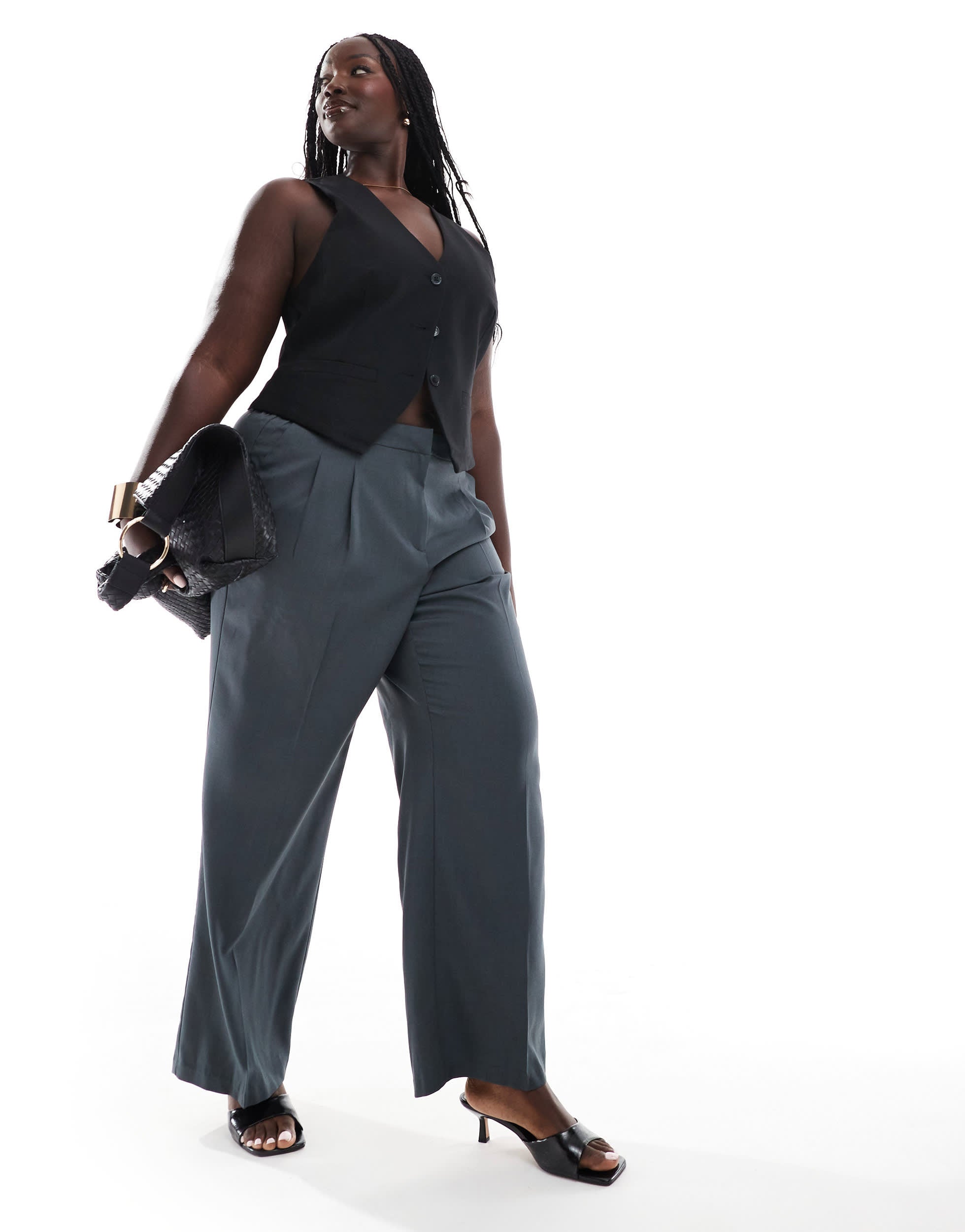 Vero Moda Curve Rita tailored wide leg dad trousers in asphalt grey