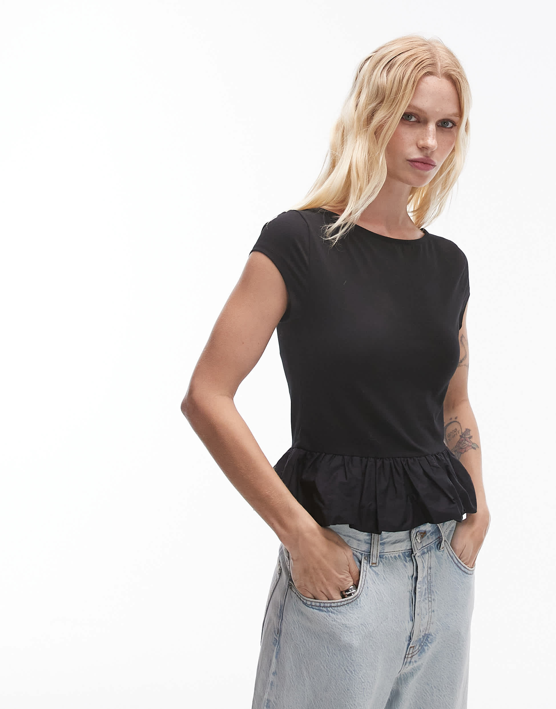 Topshop slash neck peplum bubble top in black