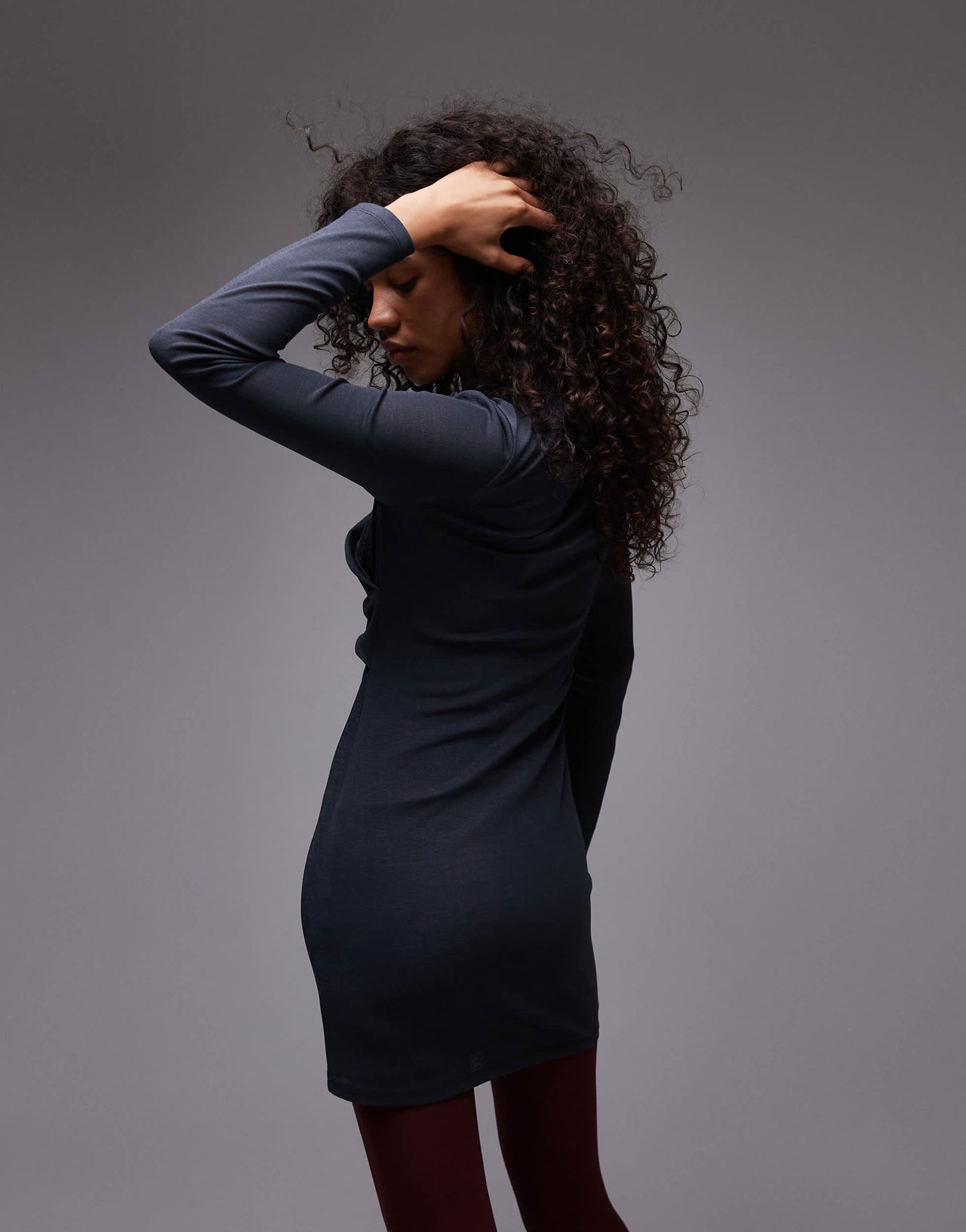 Topshop twist long sleeve mini dress in charcoal
