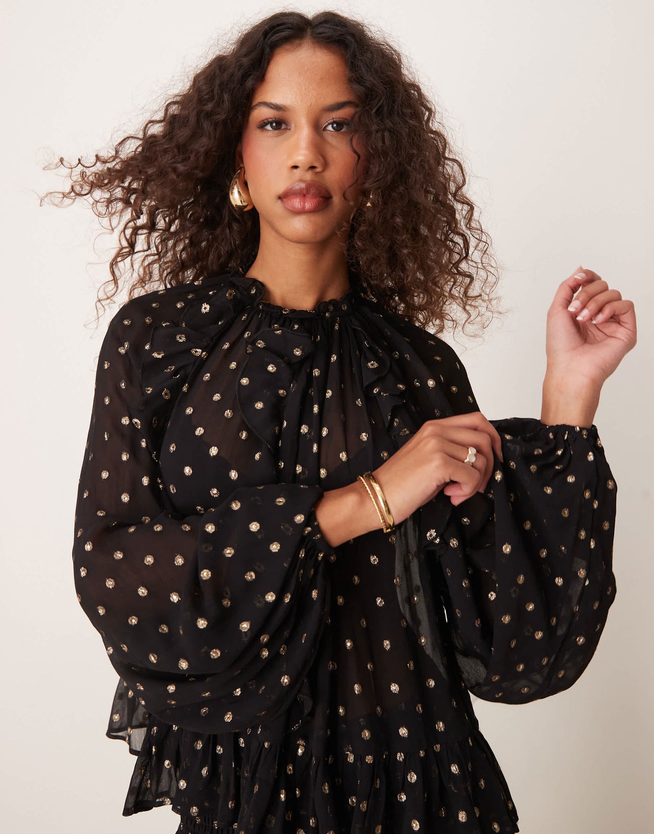 ASOS DESIGN metallic polka dot burnout smock top in black & gold - BLACK
