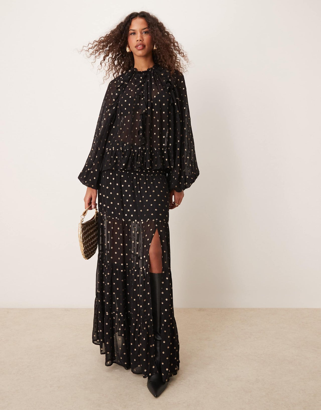 ASOS DESIGN metallic polka dot burnout smock top in black & gold - BLACK