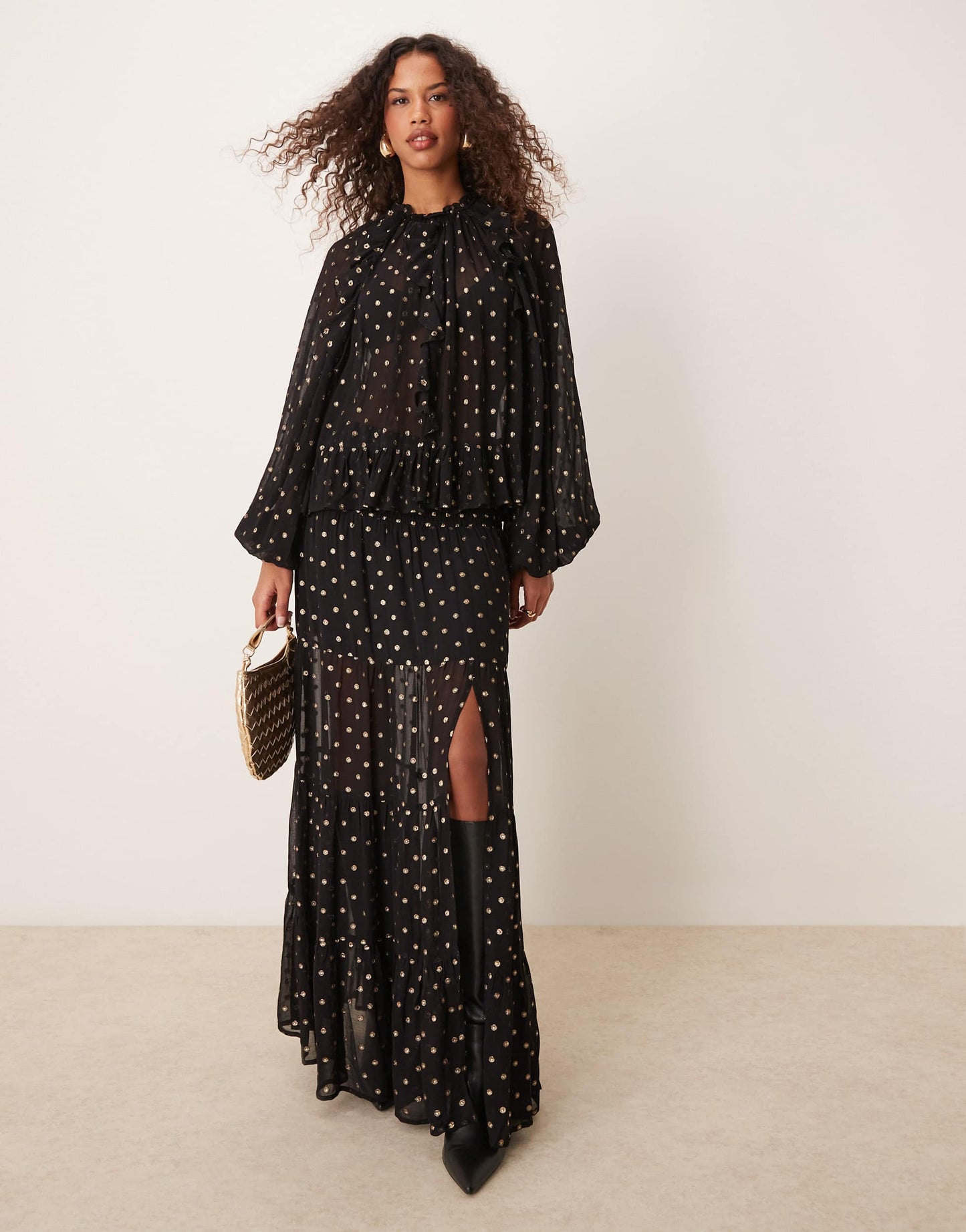 ASOS DESIGN metallic polka dot burnout smock top in black & gold - BLACK