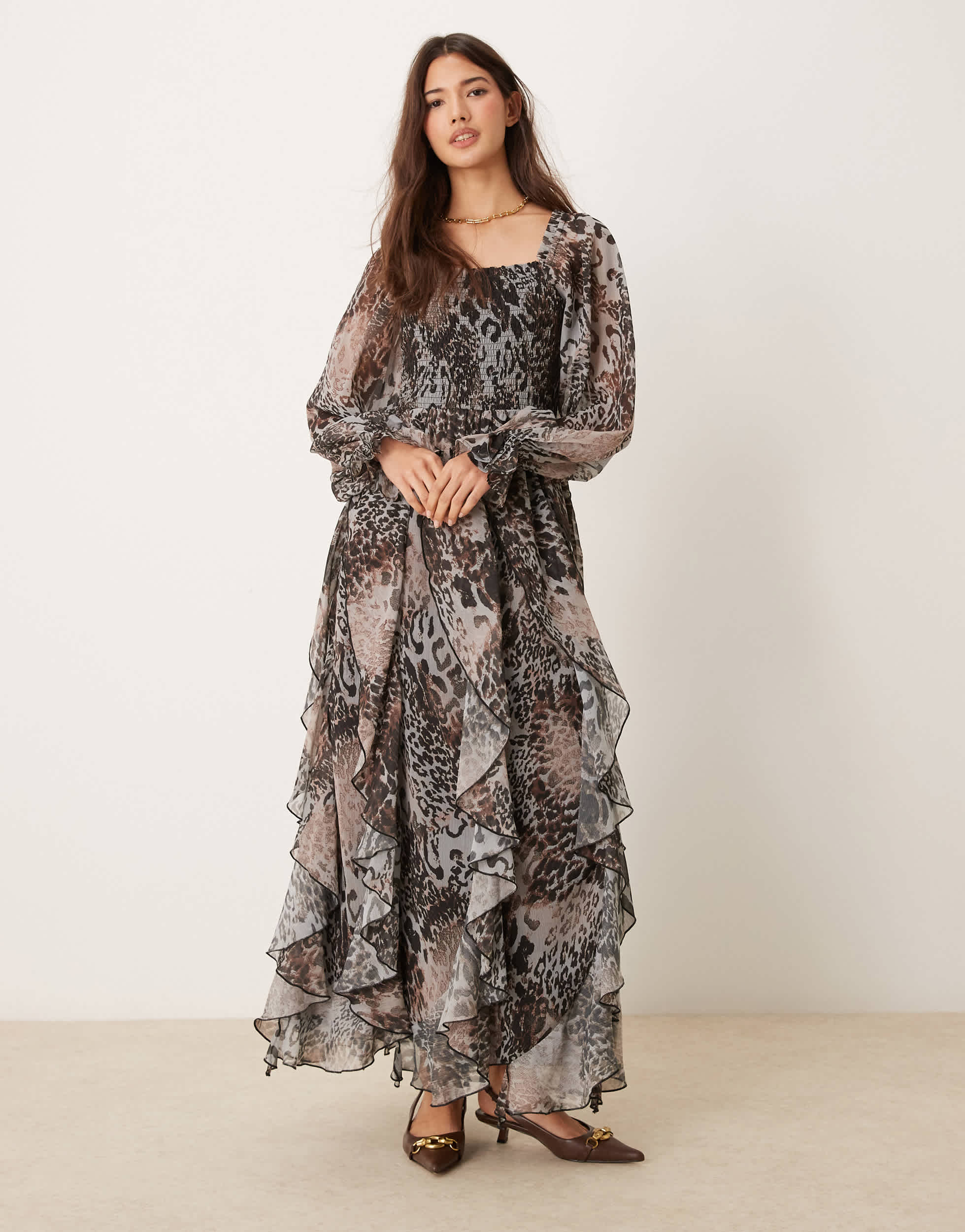 Miss Selfridge ruffle hem maxi dress in animal print