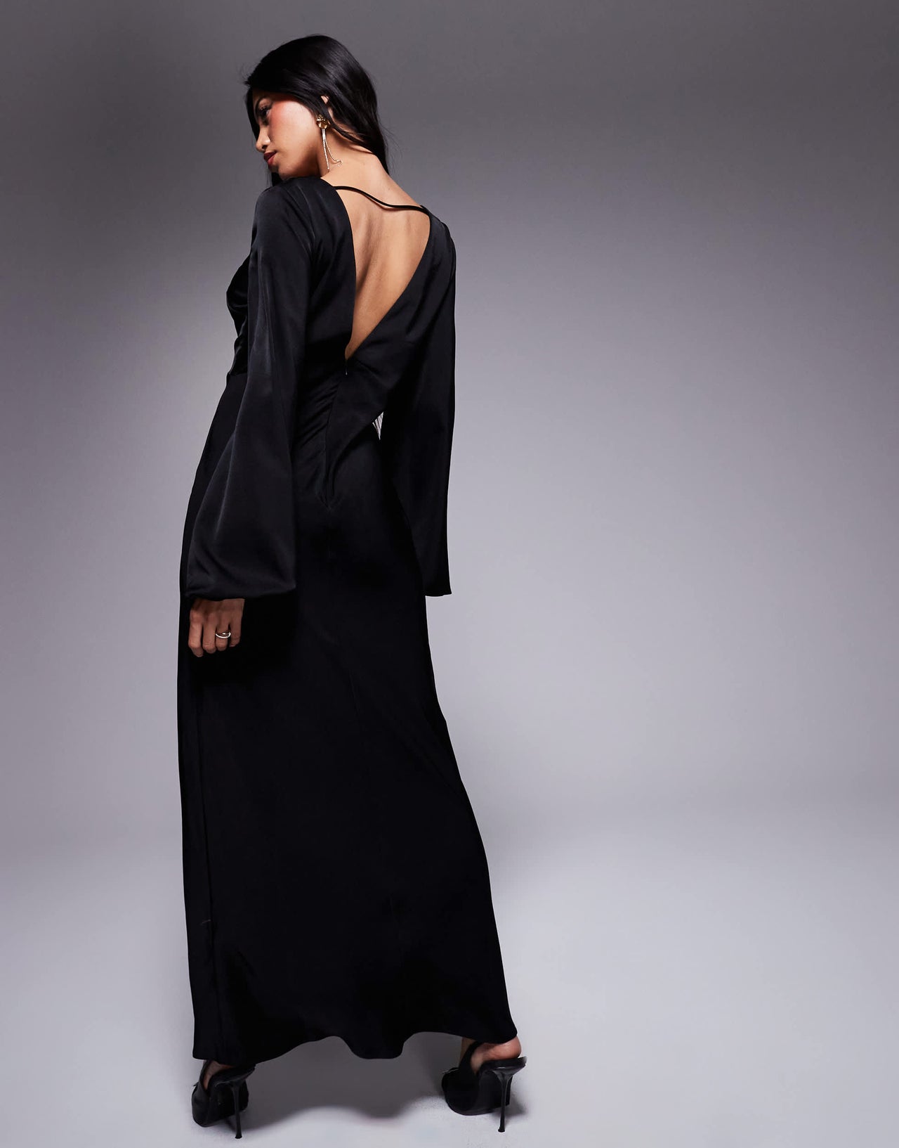 ASOS DESIGN v neck satin blouson sleeve midaxi dress in black