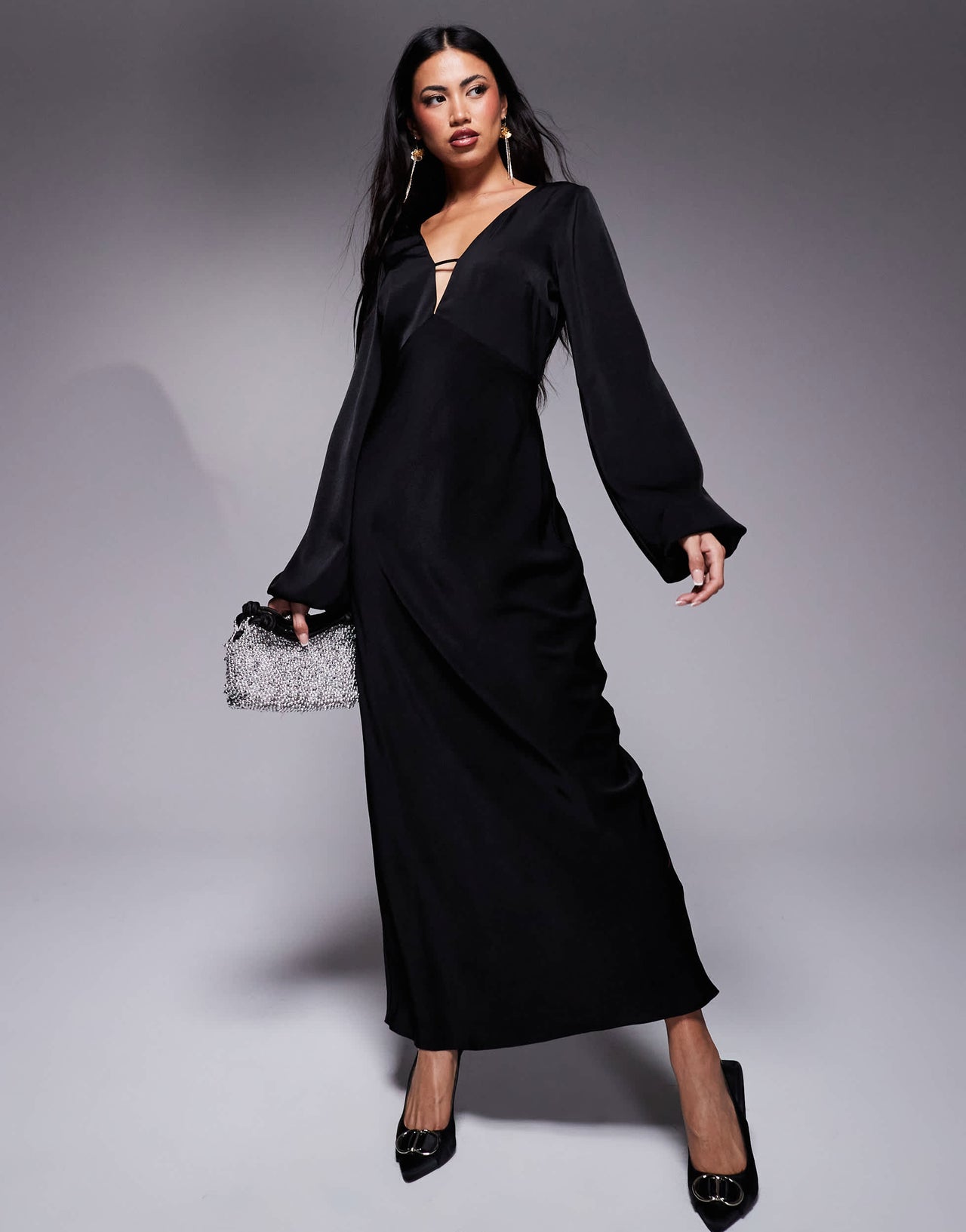 ASOS DESIGN v neck satin blouson sleeve midaxi dress in black