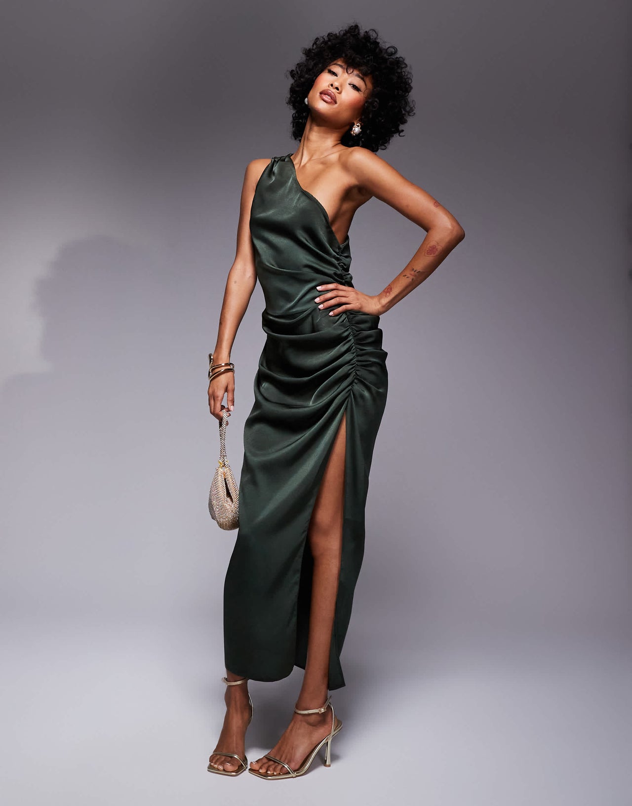 ASOS DESIGN one shoulder satin ruched side midi dress in dark green