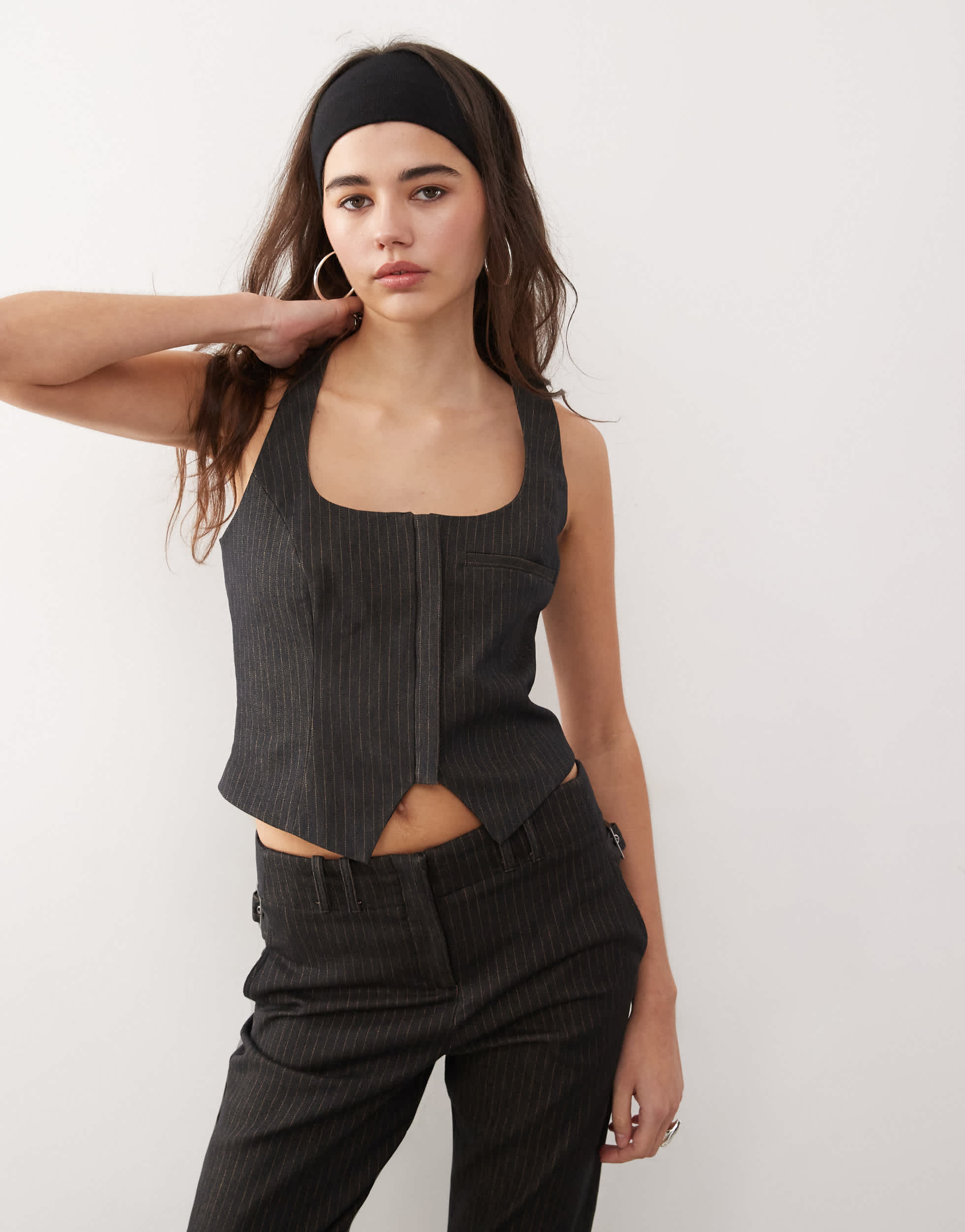 COLLUSION hook and eye pinstripe halter top in black