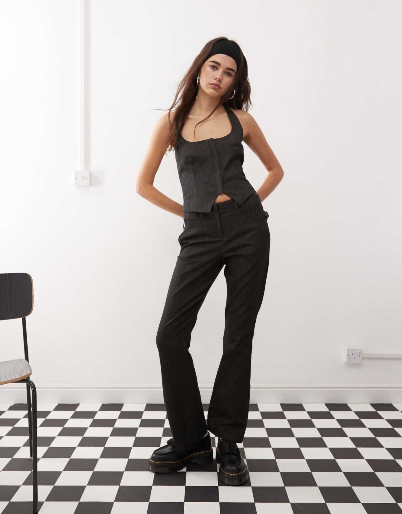 COLLUSION hook and eye pinstripe halter top in black