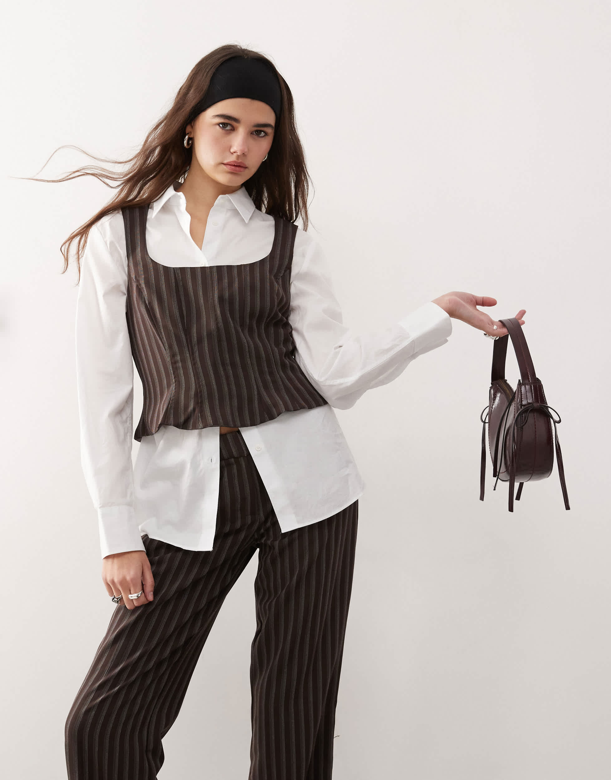 COLLUSION pinstripe tailored corset top in brown