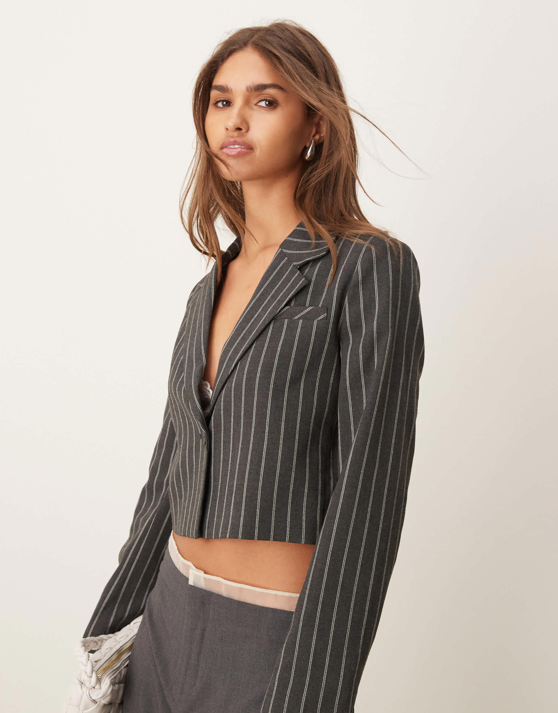 New Look cropped blazer in grey pinstripe
