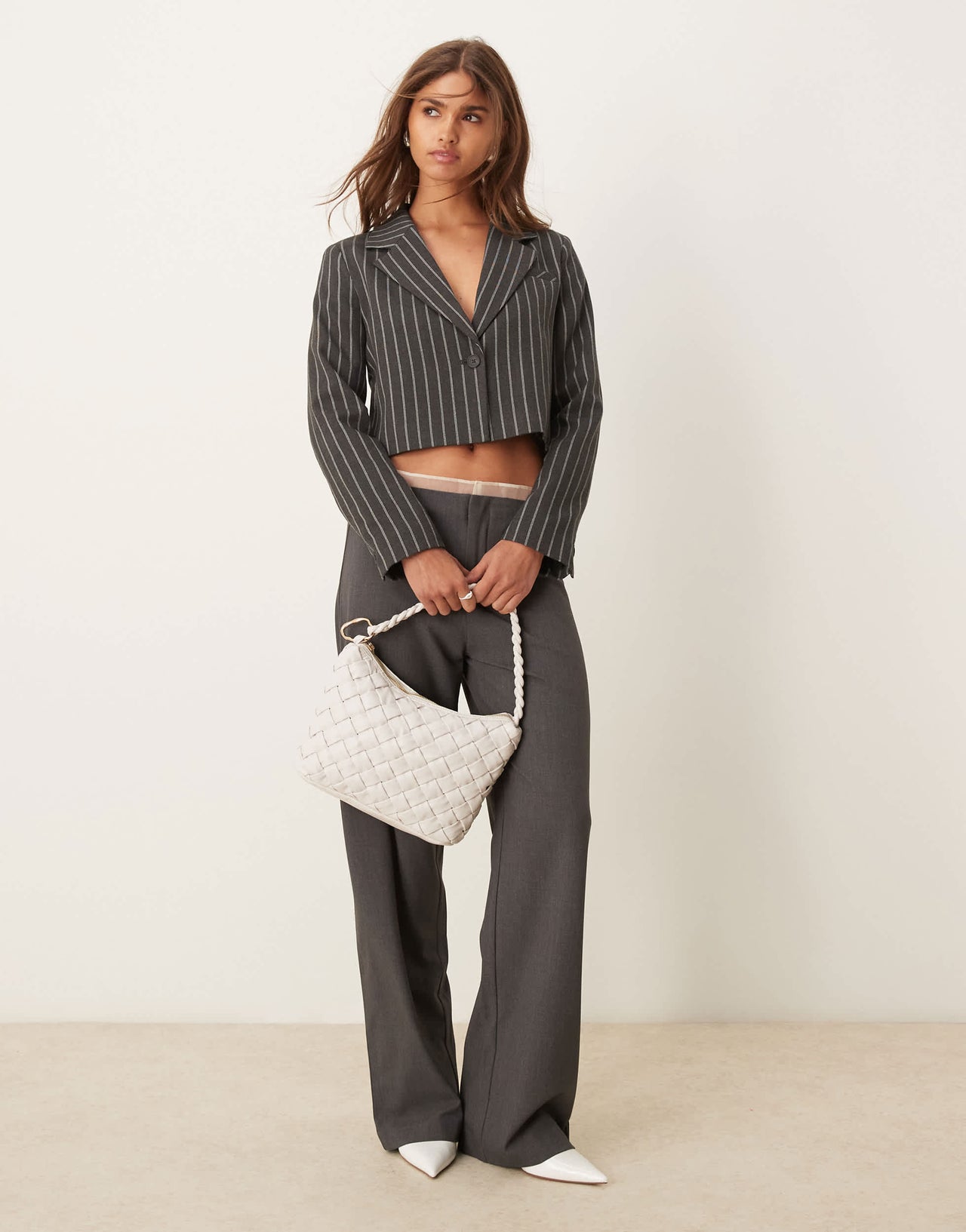 New Look cropped blazer in grey pinstripe