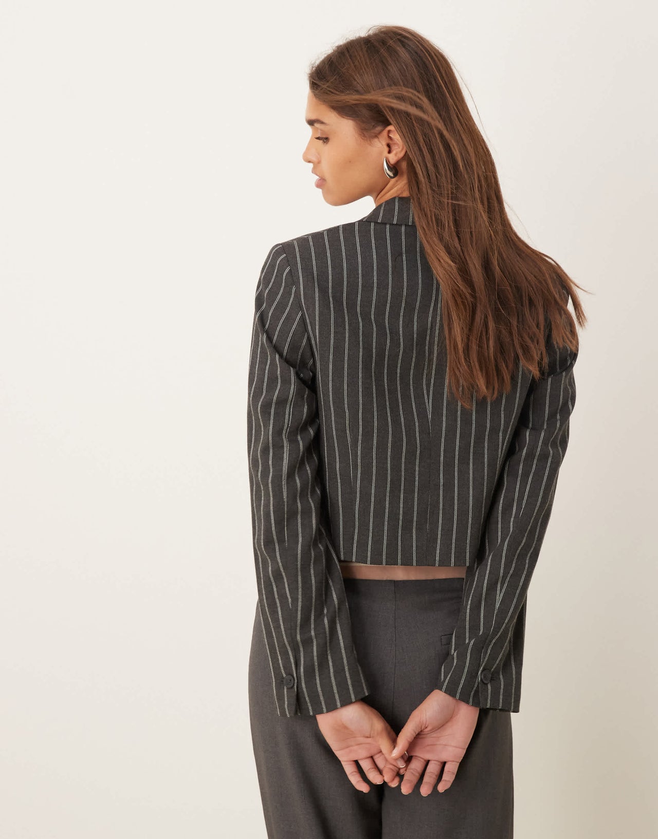 New Look cropped blazer in grey pinstripe