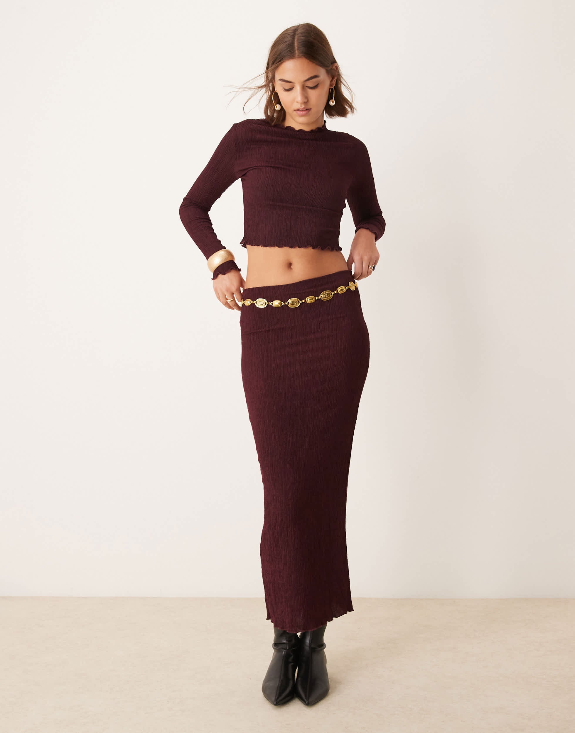 New Look co-ord texture midi skirt in burgundy