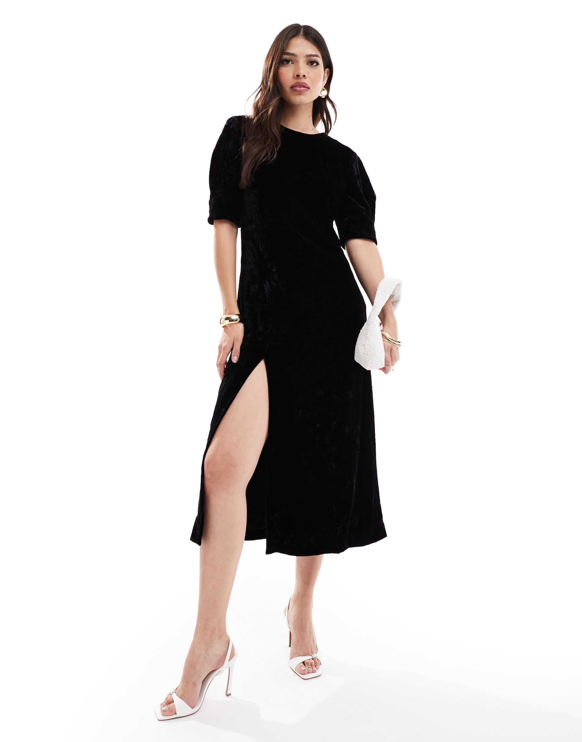 & Other Stories velvet midaxi dress with keyhole back and thigh split in black