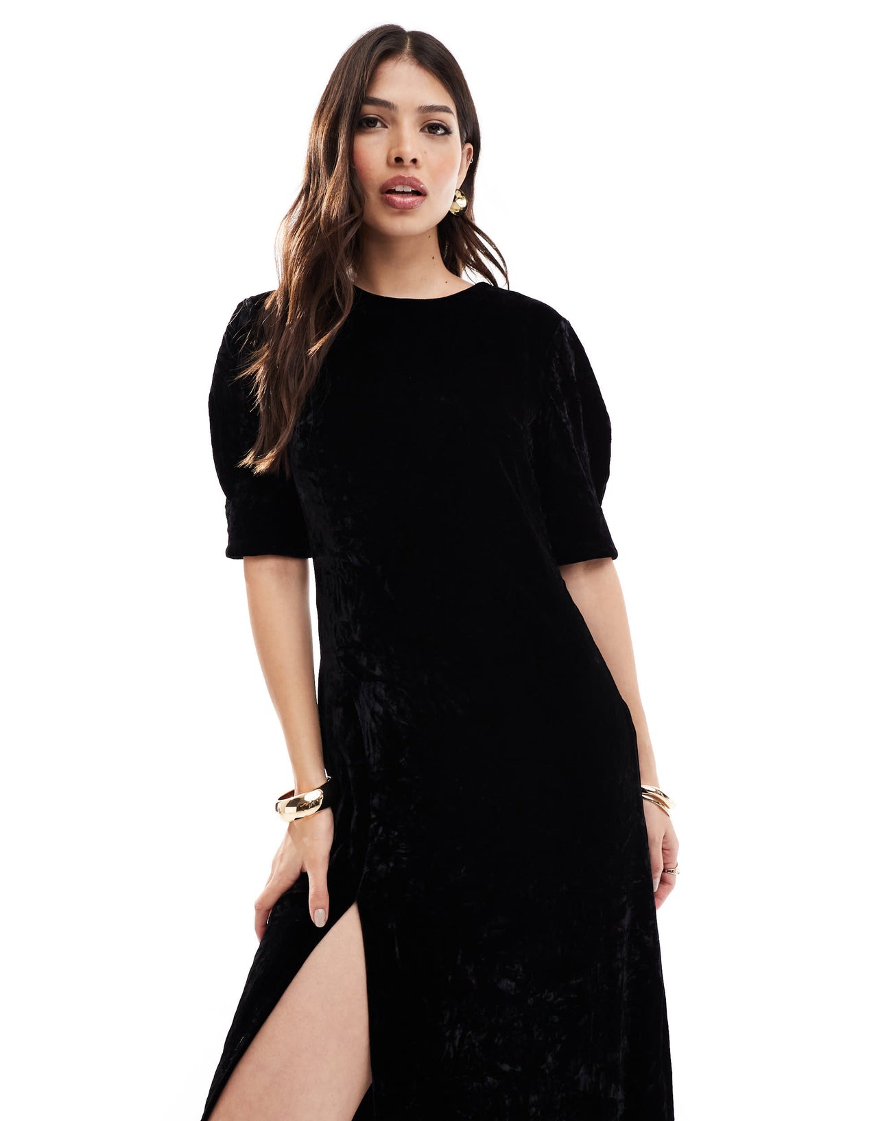 & Other Stories velvet midaxi dress with keyhole back and thigh split in black