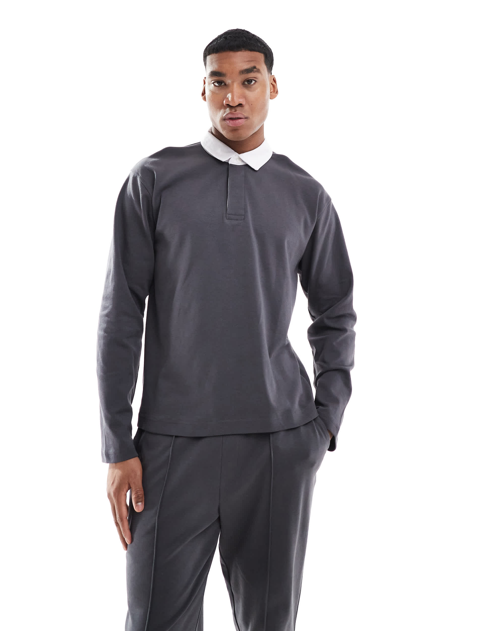 New Look long sleeve rugby polo shirt co-ord in dark grey