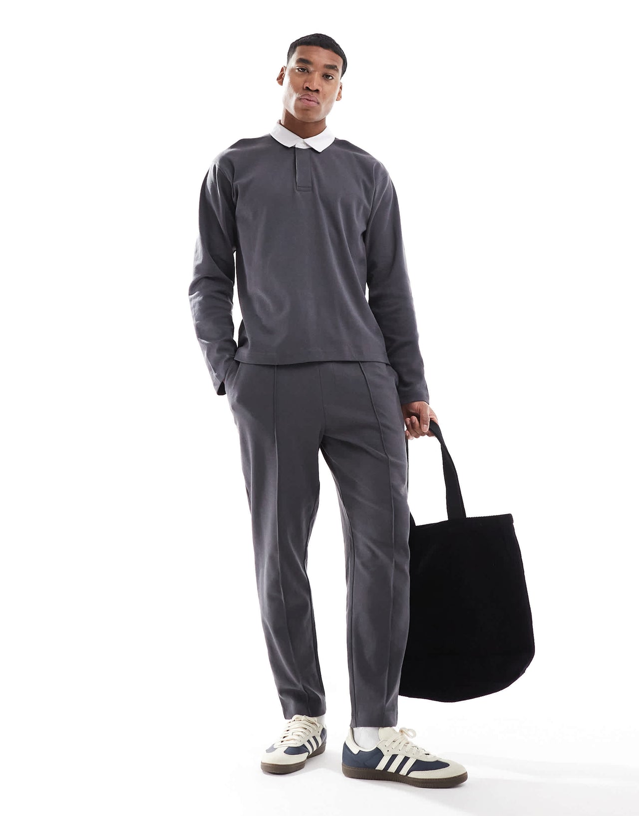 New Look long sleeve rugby polo shirt co-ord in dark grey