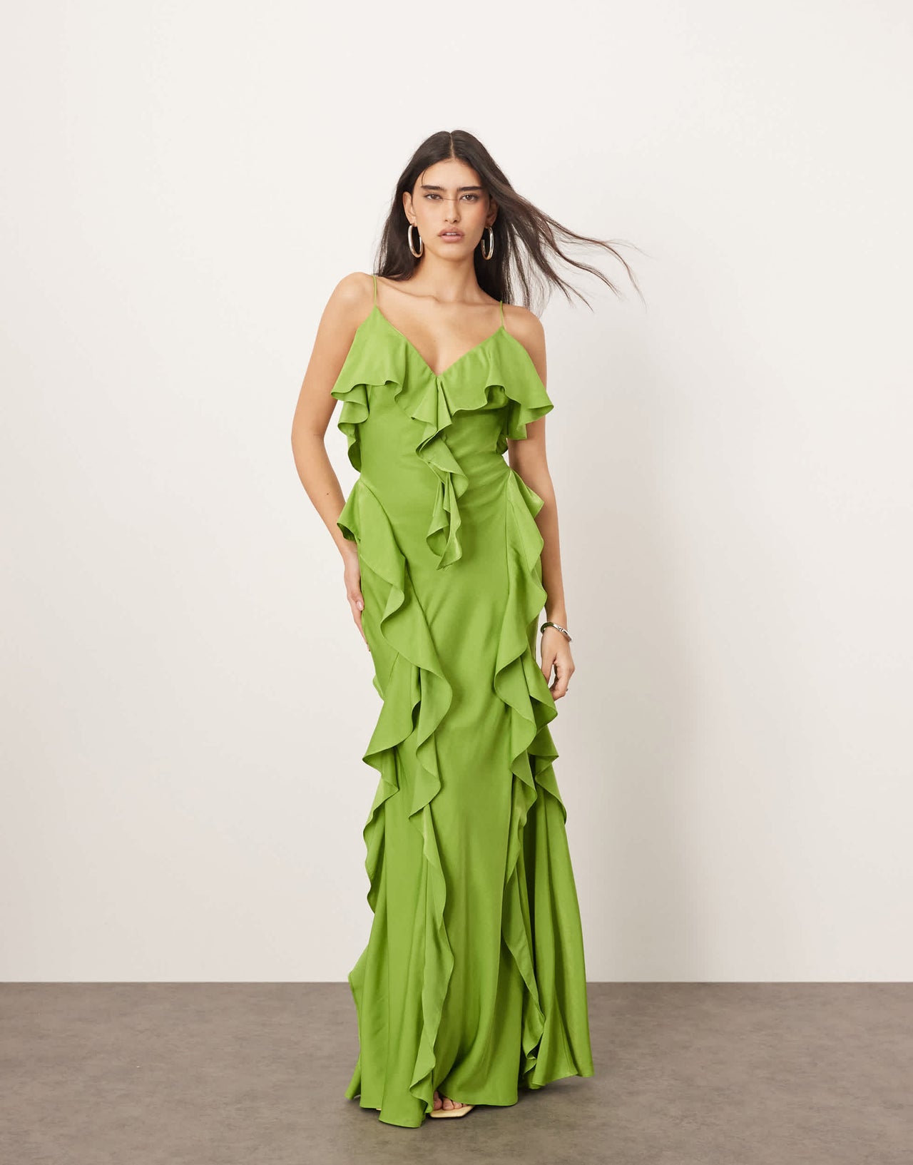 ARRANGE ruffle maxi slip dress with bias skirt in green