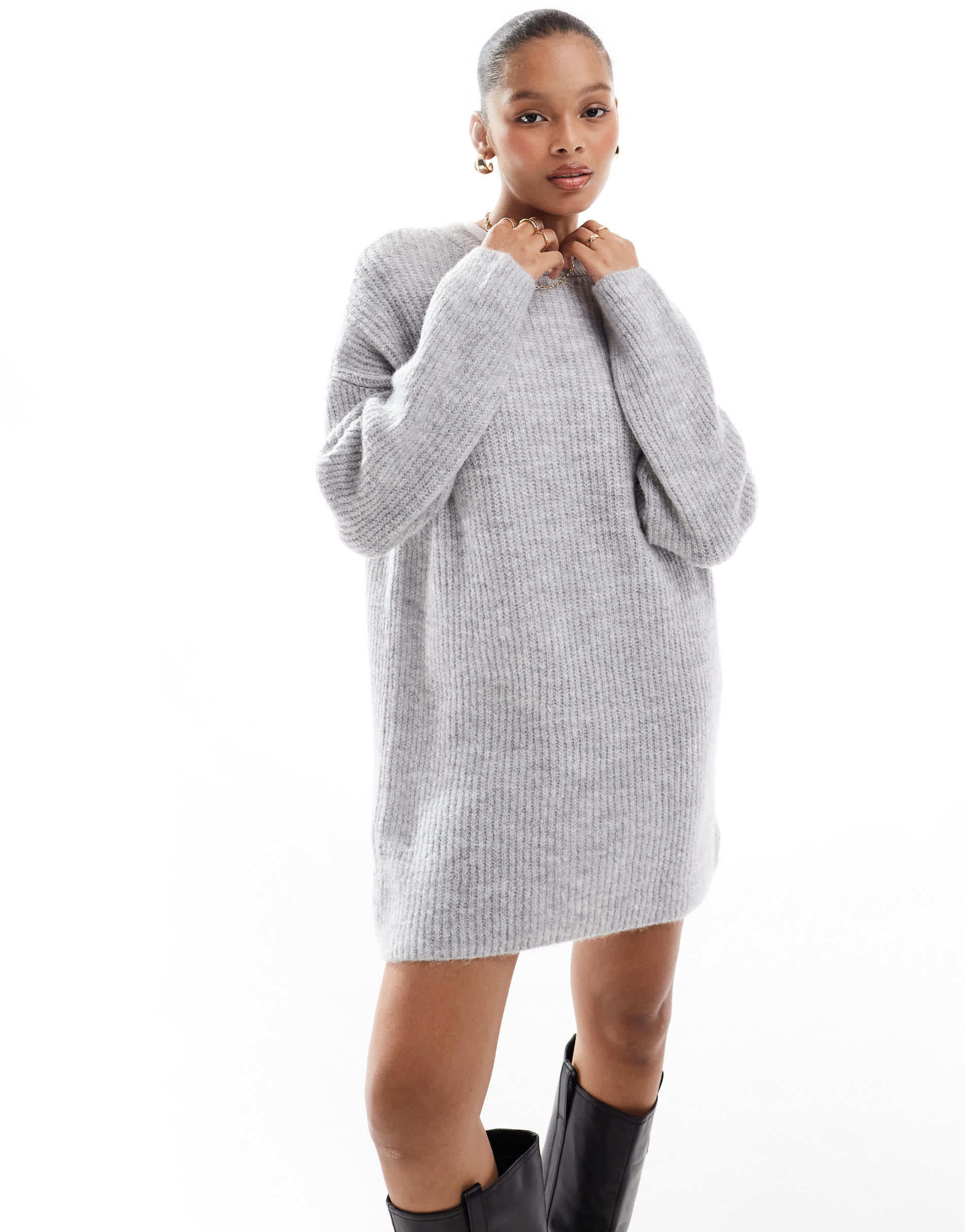Pull&Bear knitted jumper mini dress in light grey