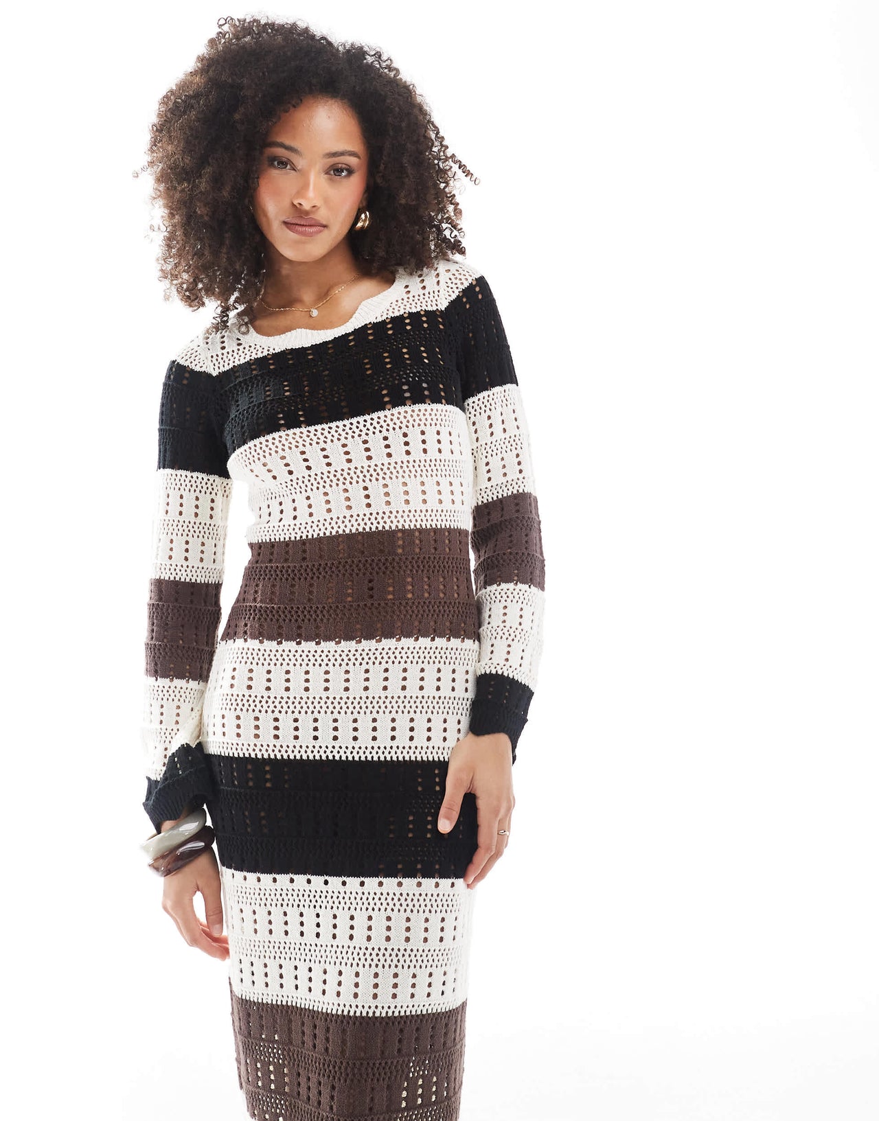 The Frolic exclusive longsleeve crochet maxi beach dress in tonal stripe