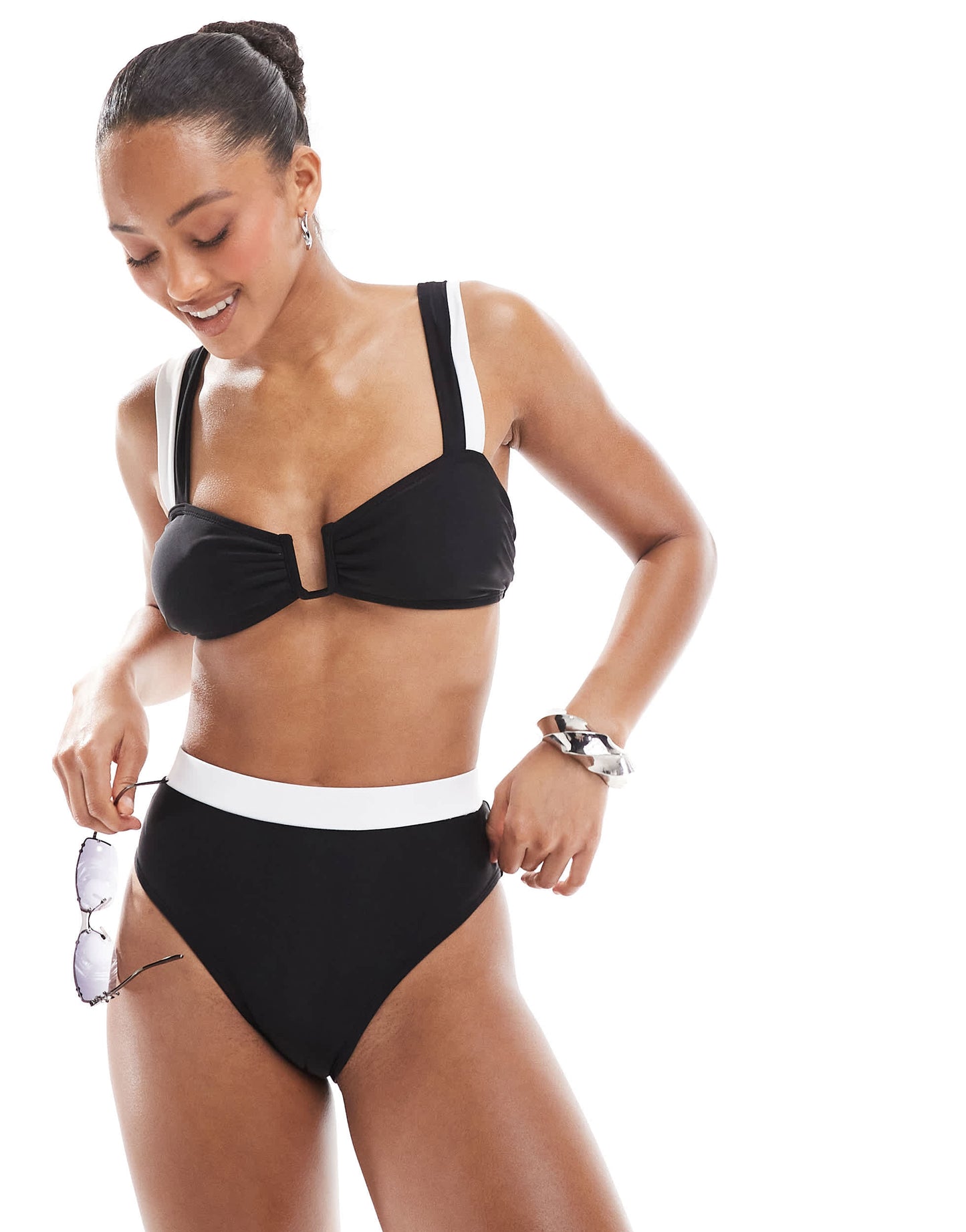 The Frolic exclusive contrast high waist bikini bottom co-ord in black and white