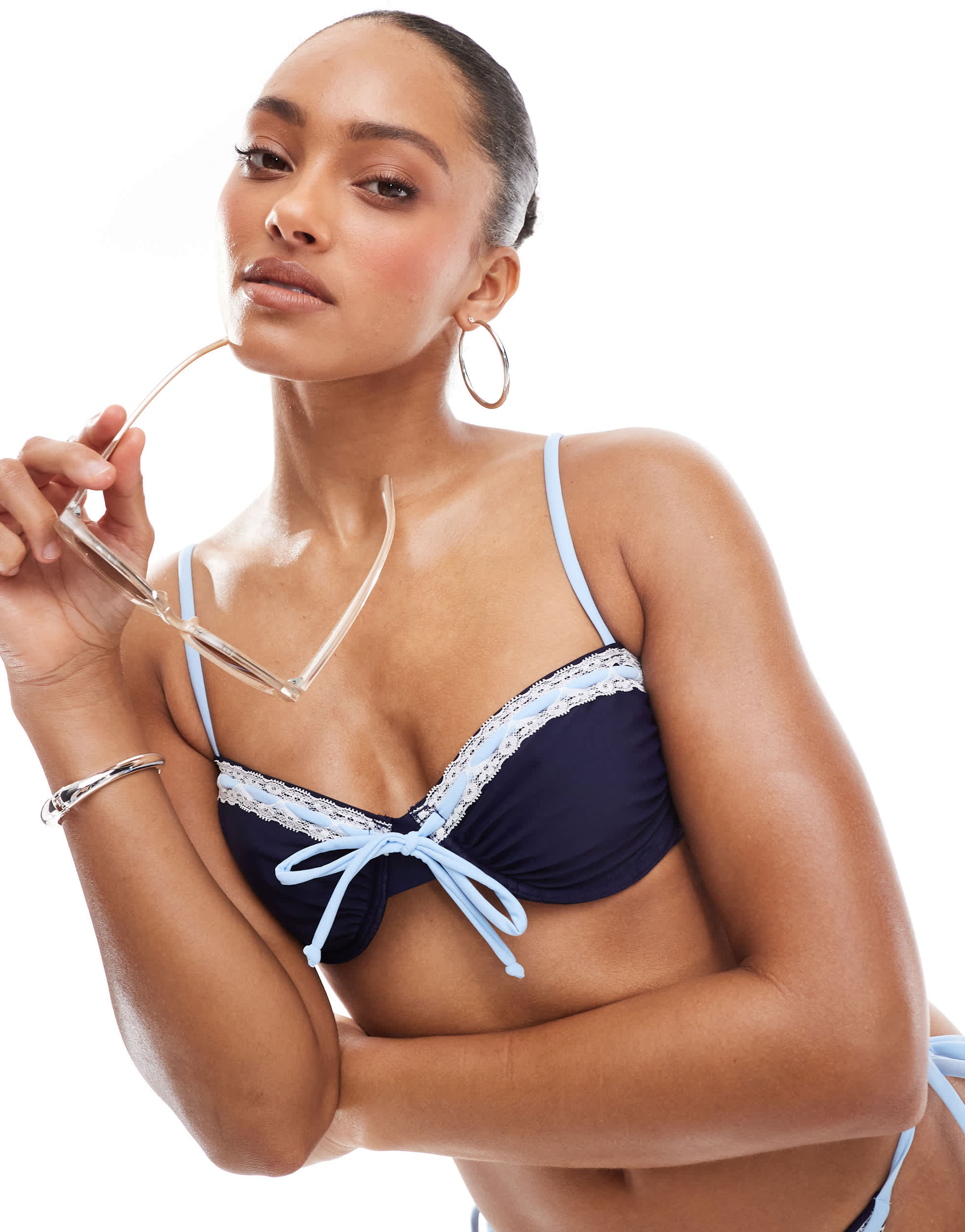 The Frolic exclusive contrast tie front cupped lace trim bikini top co-ord in navy