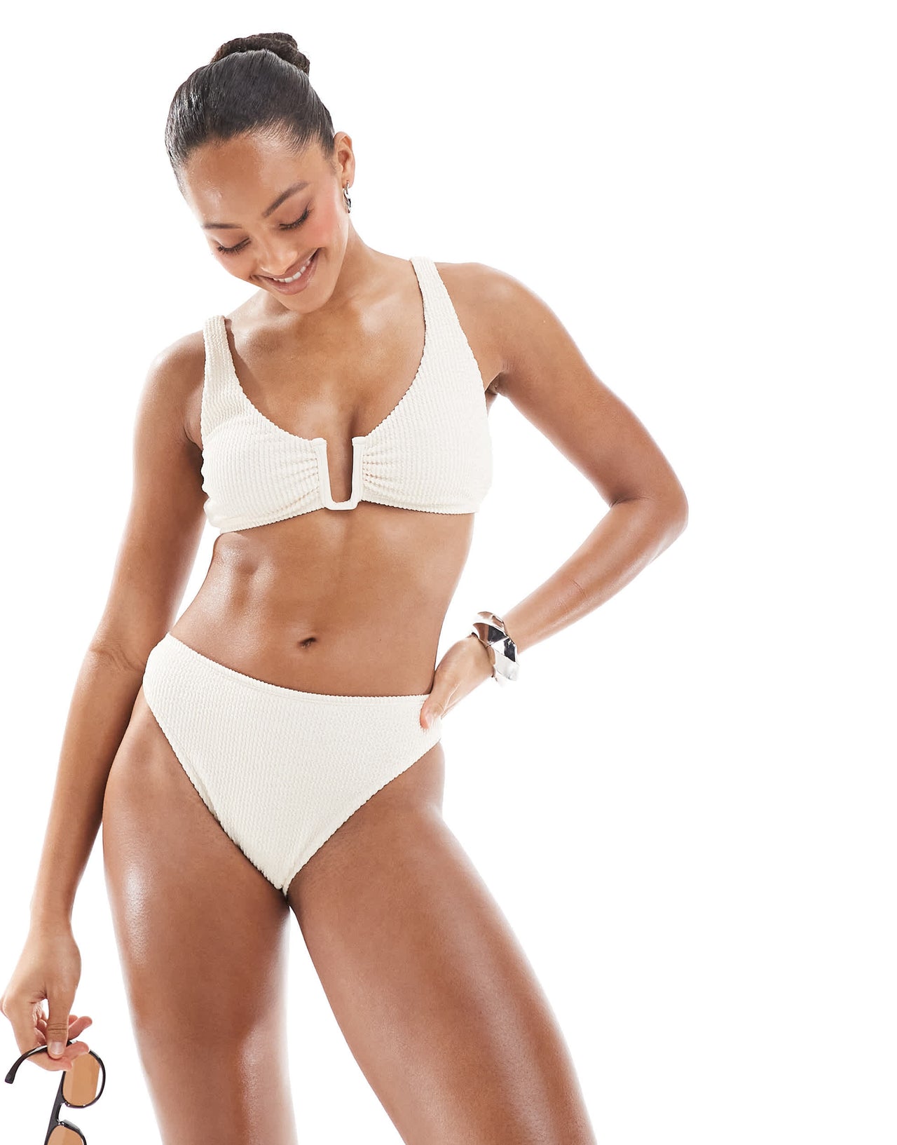 The Frolic exclusive crinkle textured high leg bikini bottom co-ord in cream